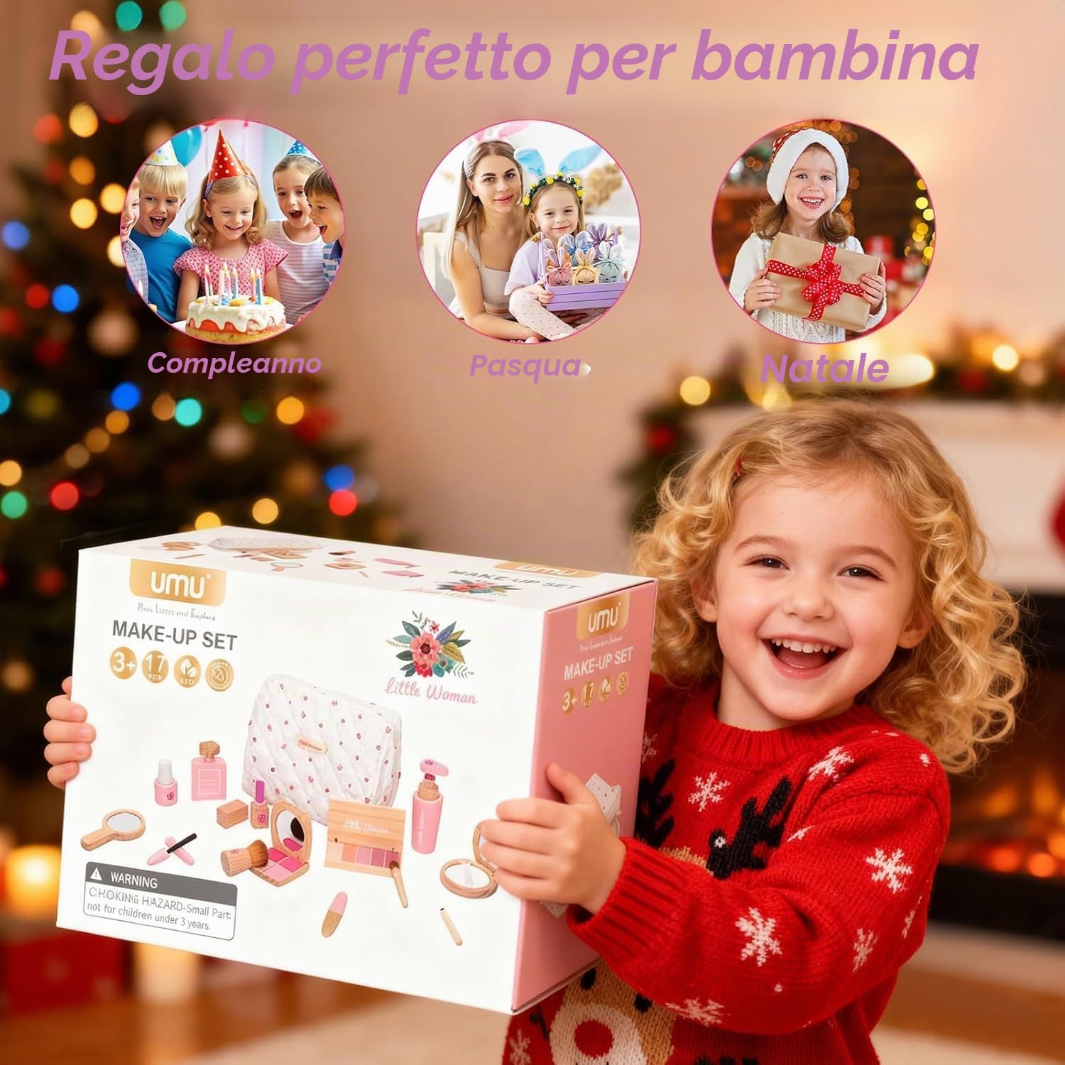 Set Trucchi Bambina in Legno Finti, Bacxzomx Finto Trucco Bellezza Salone con Trousse Cosmetici, Accessori Postazione Trucco Bimba, Giochi in Legno, Regalo Bambine 3 4 5 6 7 Anni