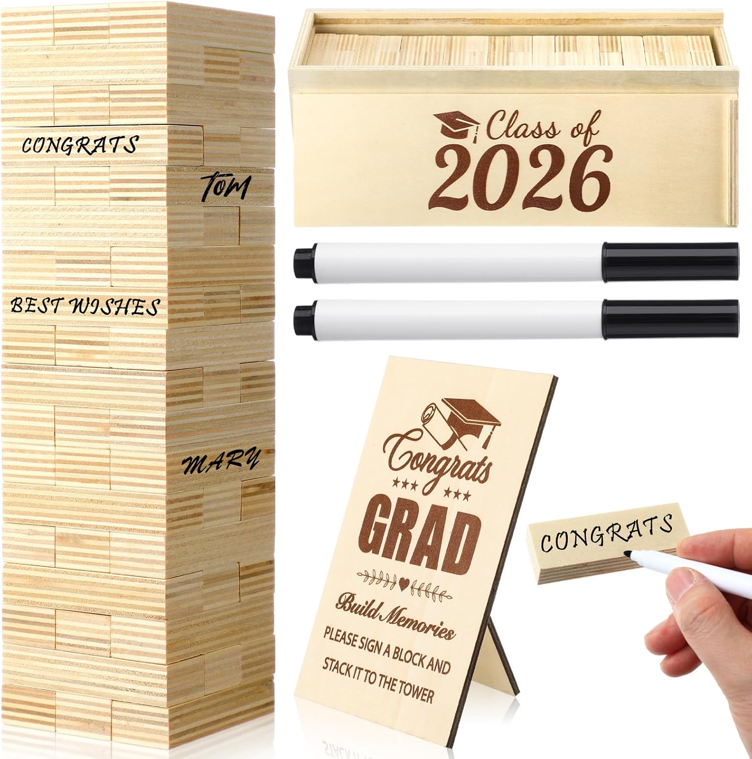 CroBlissful Class of 2026 Graduation Guest Book Alternative - 54 Pcs Wooden Block Guest Book for Graduation Sign in Wooden Memory Keepsake Box with Pens for Party Favors Decorations(Wood Color)