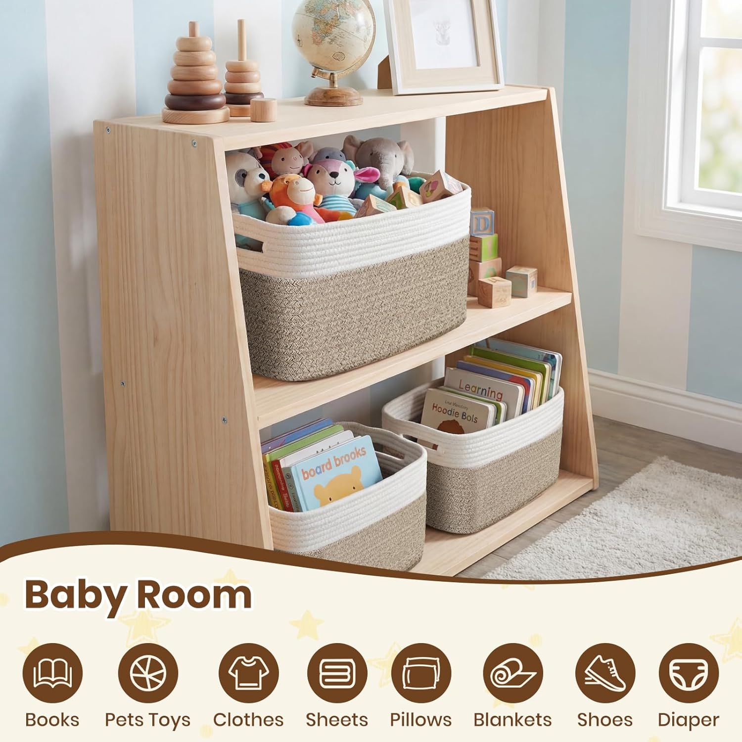 Storage Baskets for Organizing, 14 x 10 x 9” Closet Shelf Woven Baskets, Square Bins with Handles, Cotton Rope Basket for Toys, Clothes, Office, Room, White+Rice Brown 3 Pack