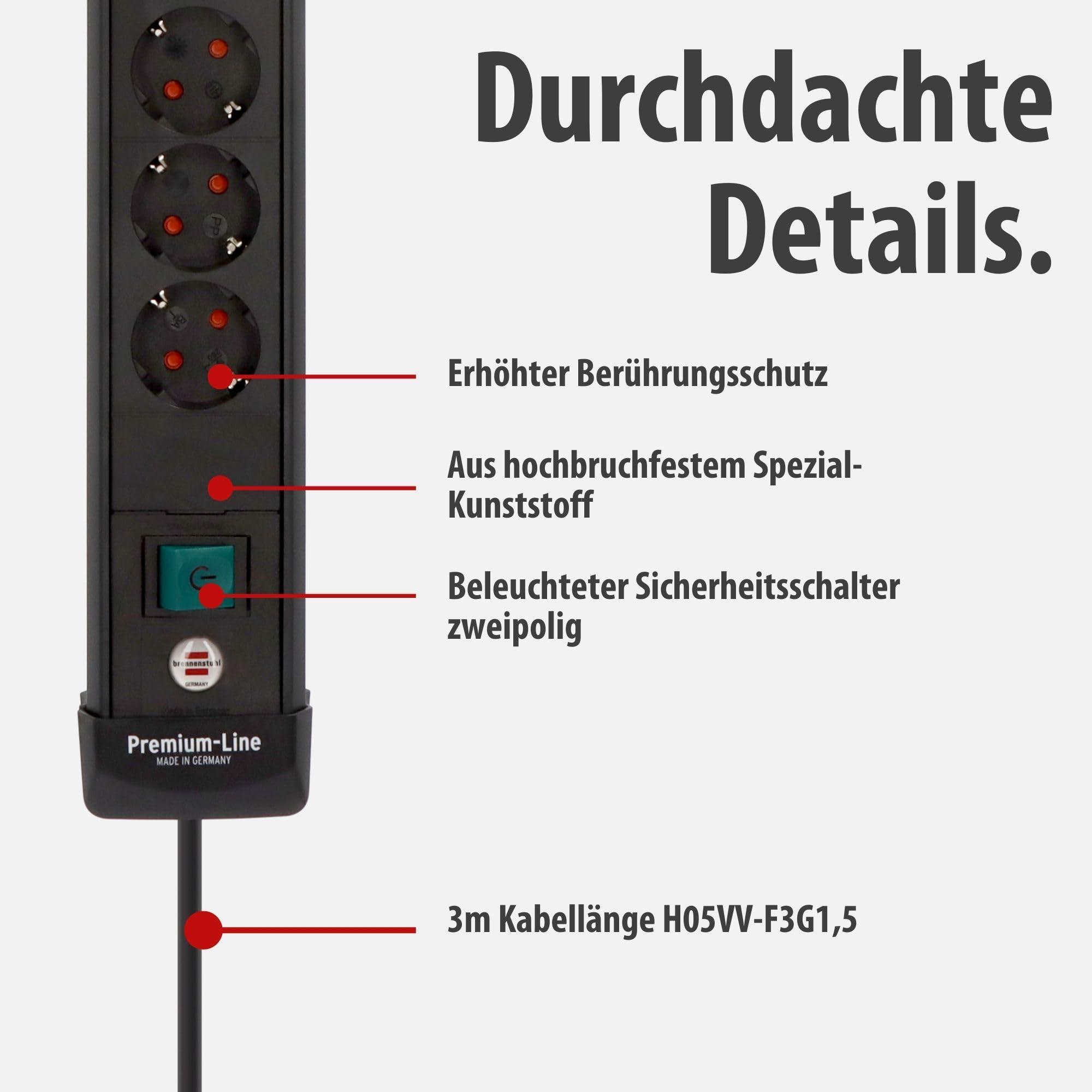 Brennenstuhl Premium-Line Steckdosenleiste 6-Fach mit USB, 3m | Mit 2x USB C PD 65W und USB A 18W, Made in Germany, Mehrfachsteckdose mit Schalter, Steckerleiste zur Wandmontage, schwarz