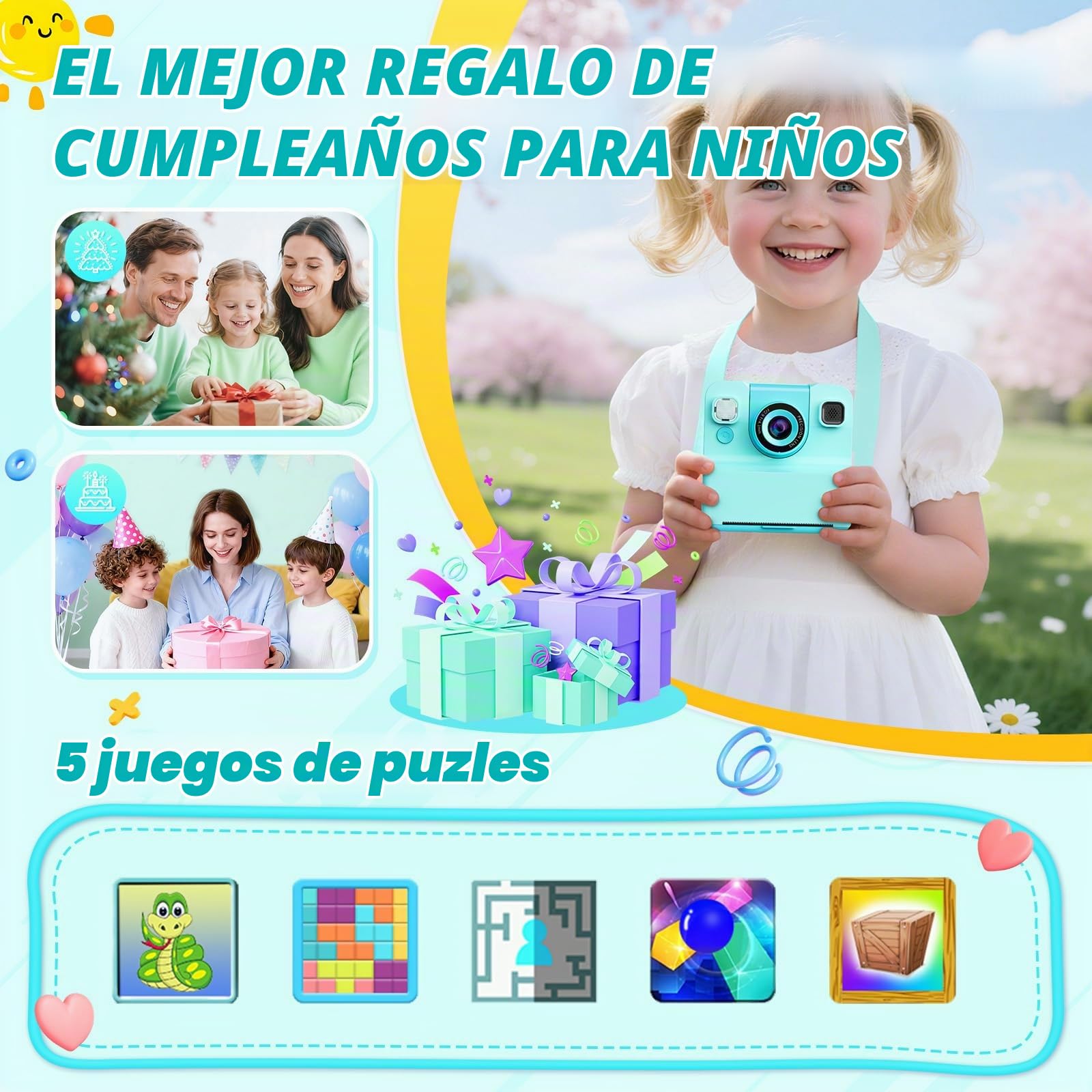 Cámara Infantil con Impresión Instantánea 1080P, 3 Rollos Y 32GB
