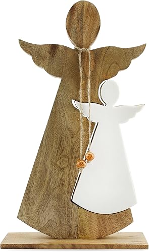 AuldHome Design Estatua de ángel de anidación esmaltada de madera; figura de decoración navideña de granja primitiva