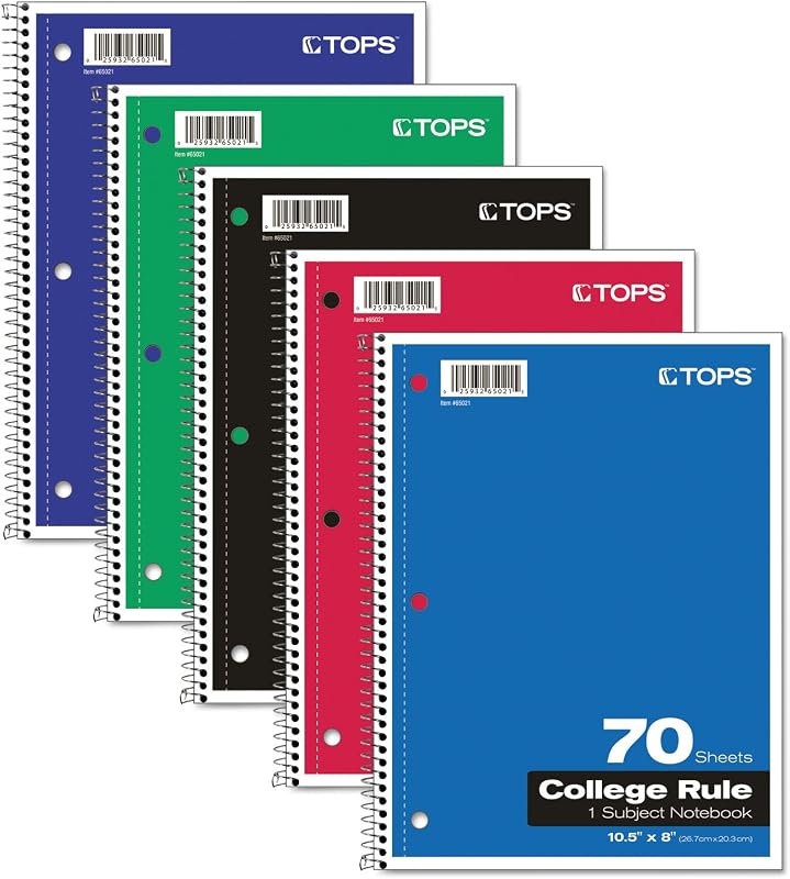 Oxford Spiral Notebook, 1-Subject, College Ruled Paper, 70 Sheets, Color May Vary, 1/Notebook (65021) (Pack of 1)