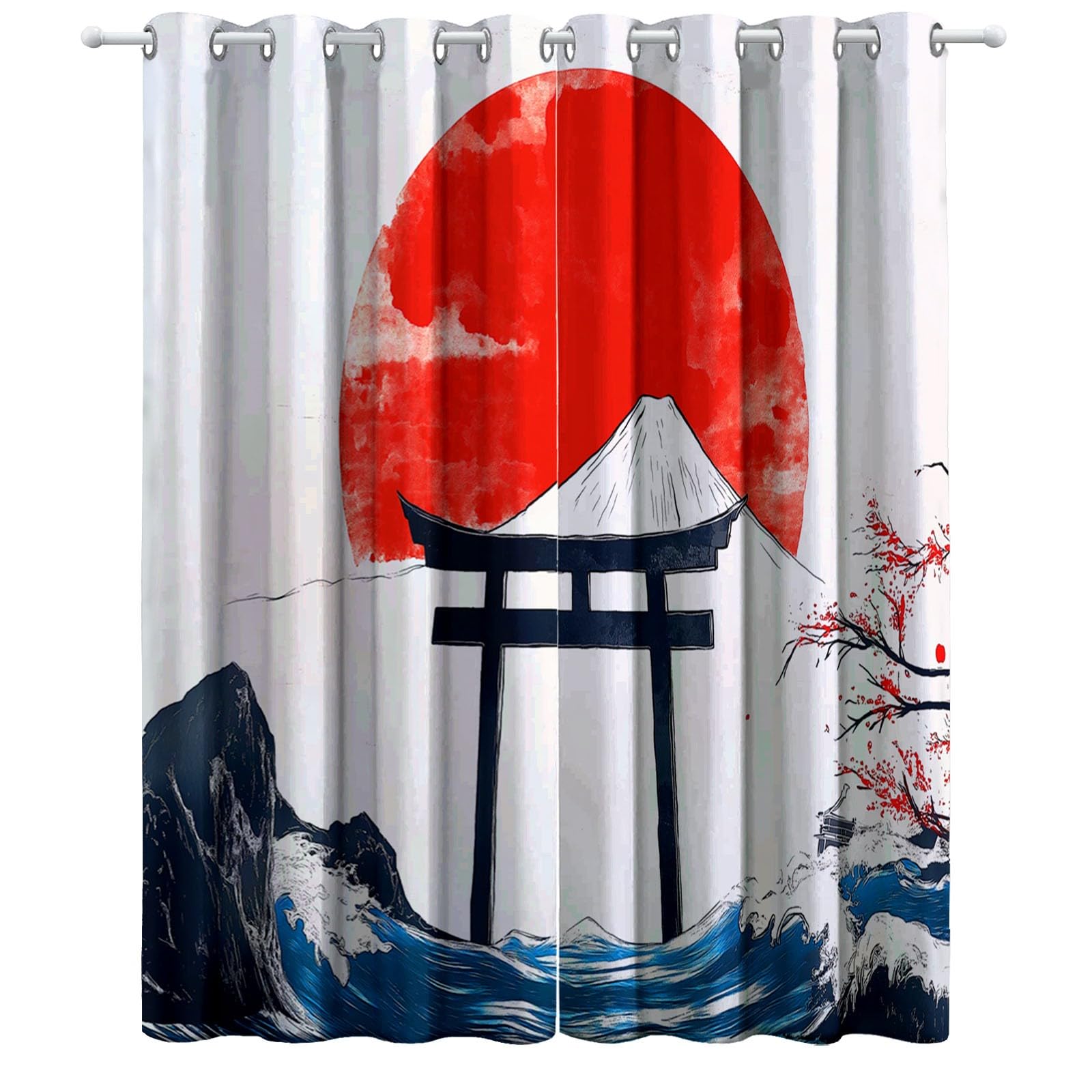 Zasłony z oczkami Japonia Torii Mountains, nieprzezroczyste, termoizolacyjne i anty-UV, dźwiękoszczelne zasłony z oczkami do sypialni, salonu jasny kolor, 220 x 215 cm, 2 sztuki