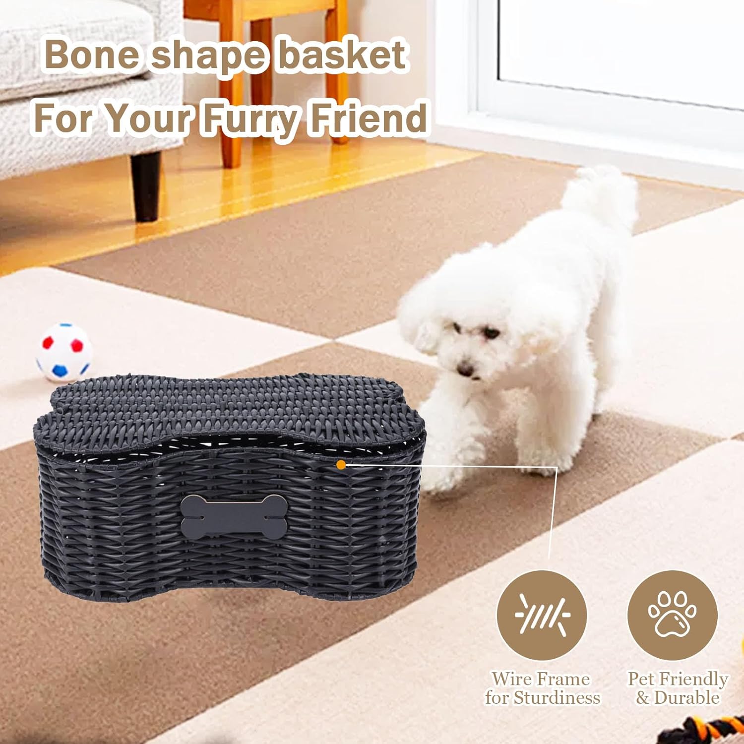 Poly Wicker Baskets for Dog Toys,Bone Shaped Dog Toy Bin with Lid,Dog Toy Boxes for Living Room,Handmade Pet Organizer with Name Tag,Woven Dog Toys Basket-Black