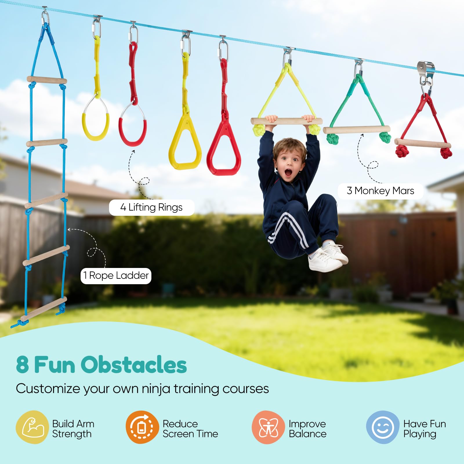 Set Slackline 8 in 1, ostacoli di arrampicata all'aperto con corda, aste per scimmie, anelli per arrampicata e scala, protezione per albero, borsa di stoccaggio, portata fino a 50 kg, per bambini 3-10