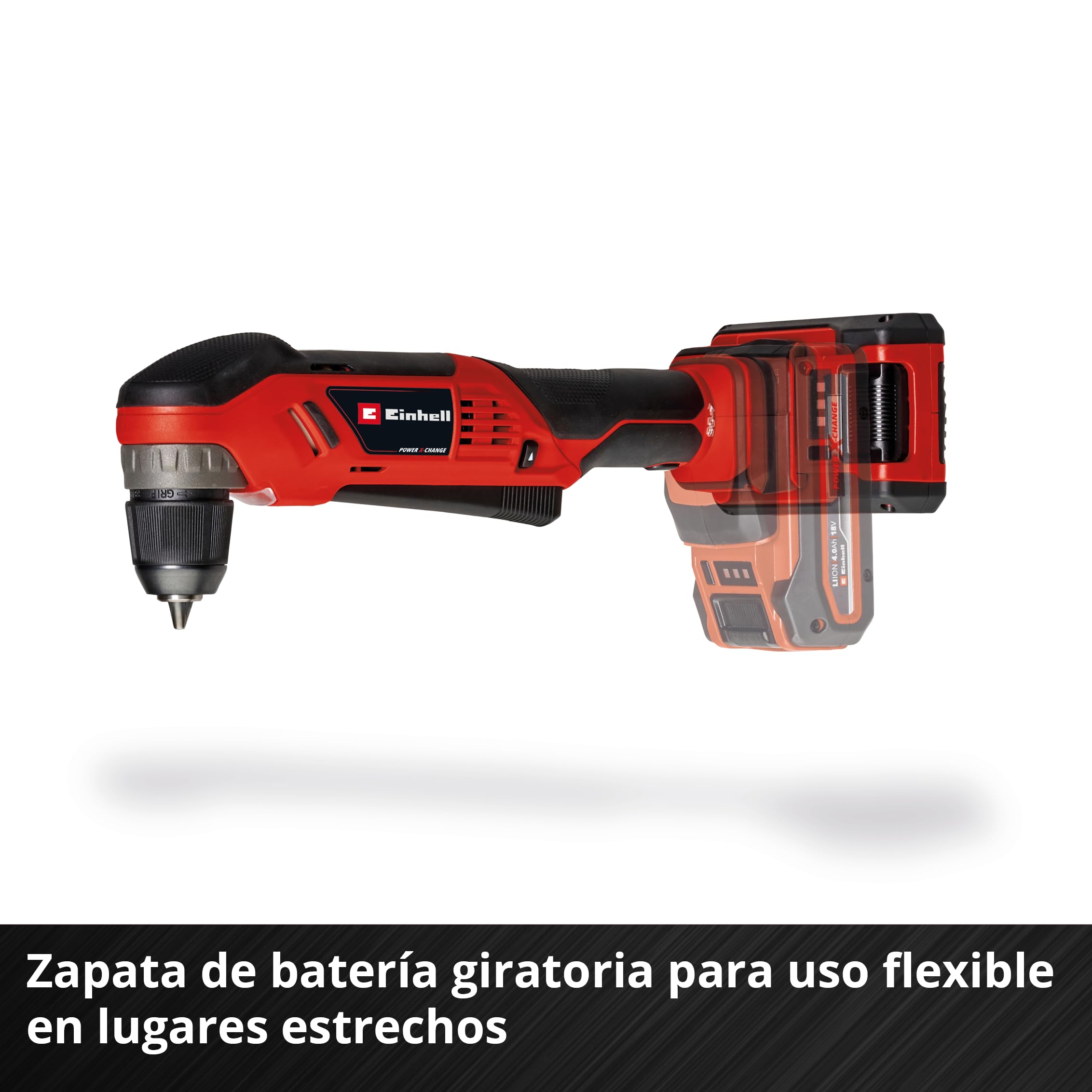 Einhell Taladro angular con batería TE-AD 18 Li-Solo Power X-Change (18 V, 45 Nm, 10 mm portabrocas de sujeción rápida, luz LED, recepción de batería giratoria, sin batería)