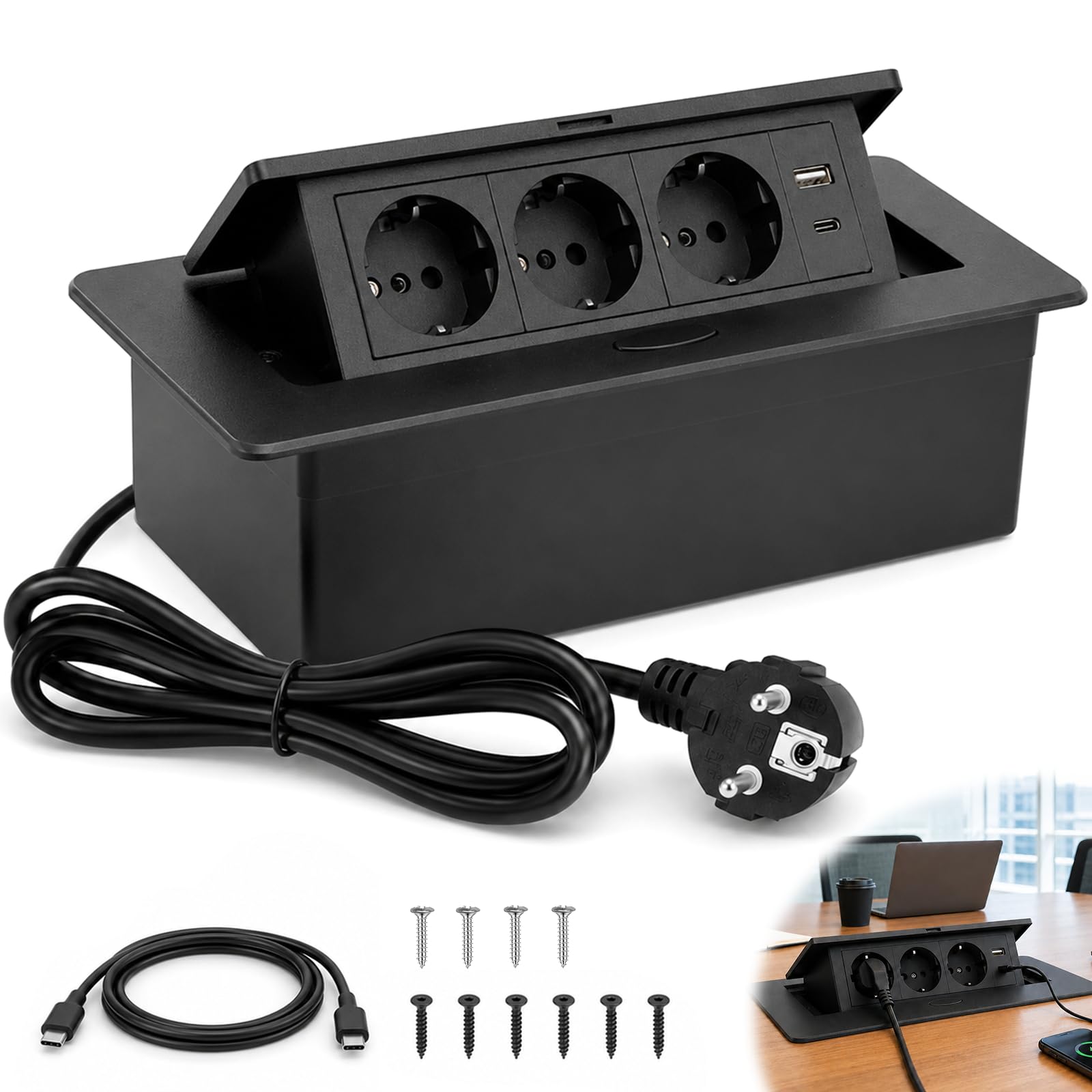 Wysuwane gniazdko, 3680 W/16 A/230 V, 3-krotna listwa zasilająca na biurko, z kablem 1,5 m i 1 m typu C, szybkie ładowanie USB, gniazdko stołowe, oszczędność miejsca, do biura (czarna)