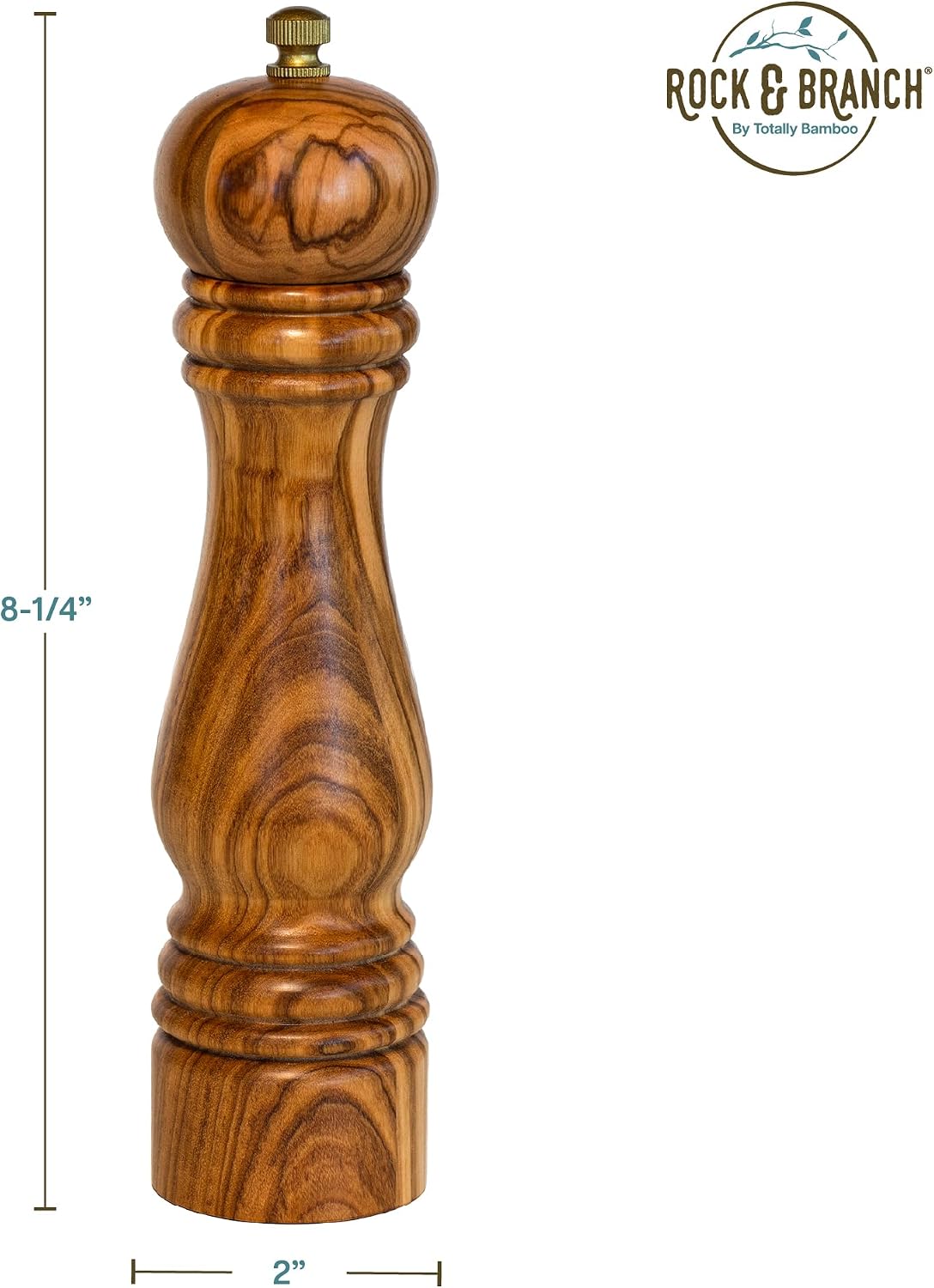 Rock & Branch Olive Wood Pepper Grinder, Adjustable Manual Pepper Mill