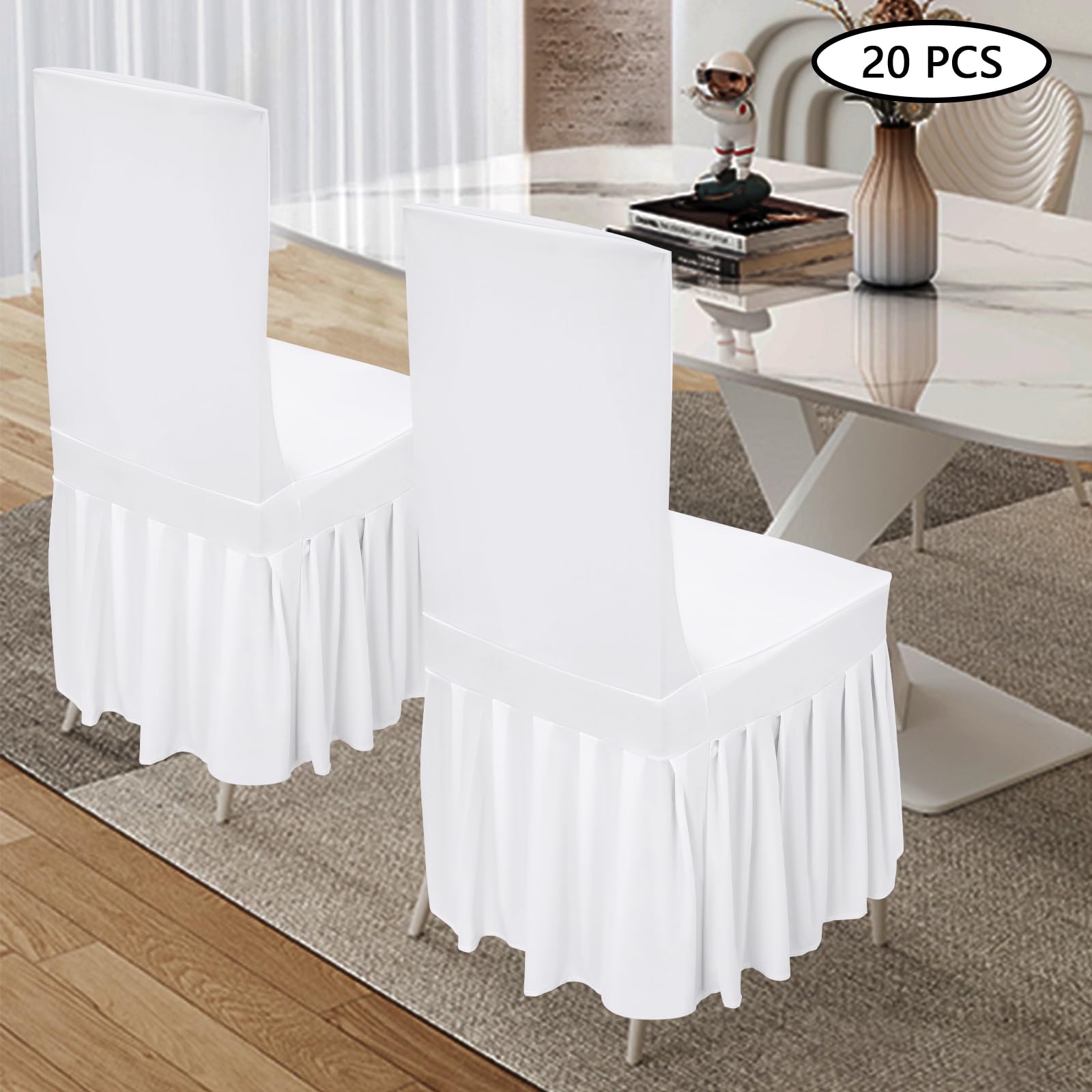 Lot de 20 housses de chaise extensibles avec volants, pour chaises de salle à manger, mariage - Amovibles et lavables - Blanc