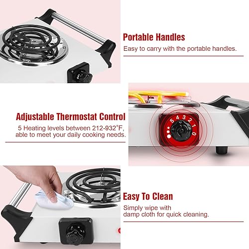 Miniatura 8 de Placa caliente de 2000 W, estufa eléctrica portátil para encimera, quemadores de bobina doble con control de temperatura de 5 niveles y asas que se