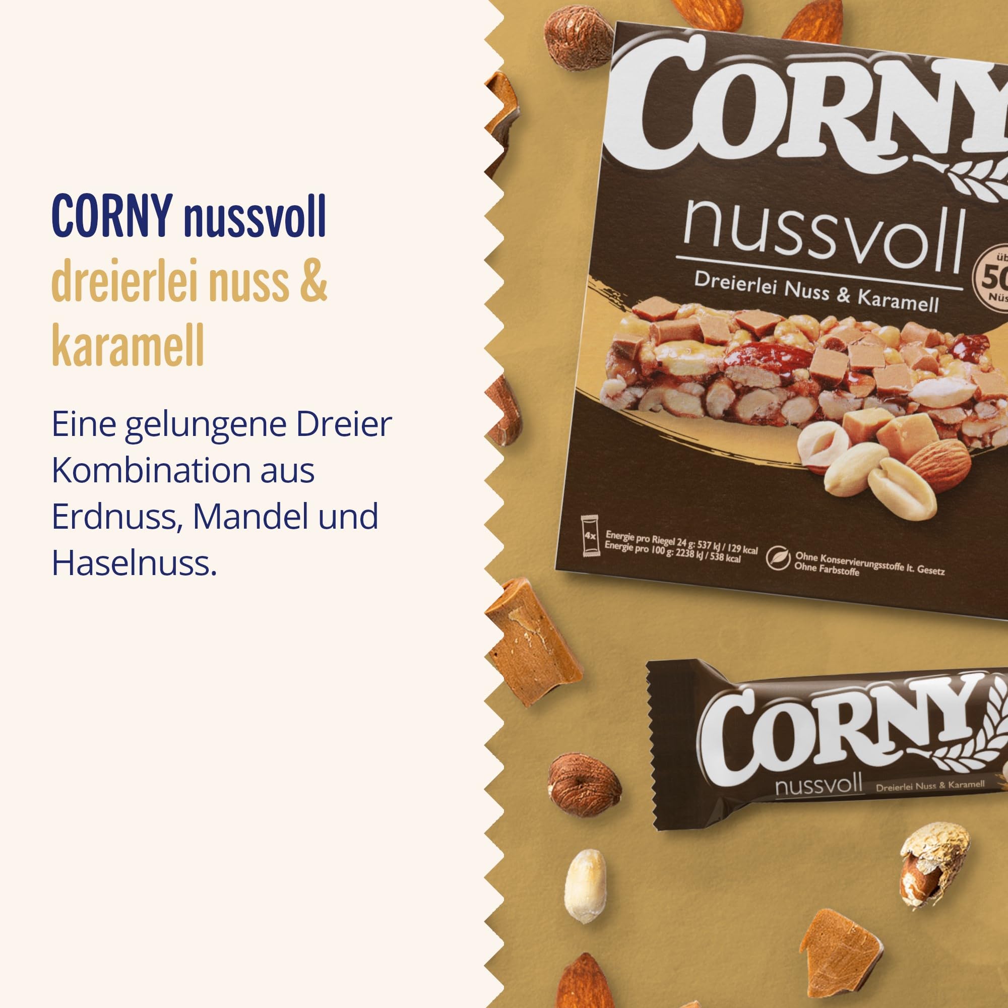 Nussriegel Corny Nussvoll Dreierlei Nuss und Karamell, mit Erdnuss, Mandel und Haselnuss, 40x24g