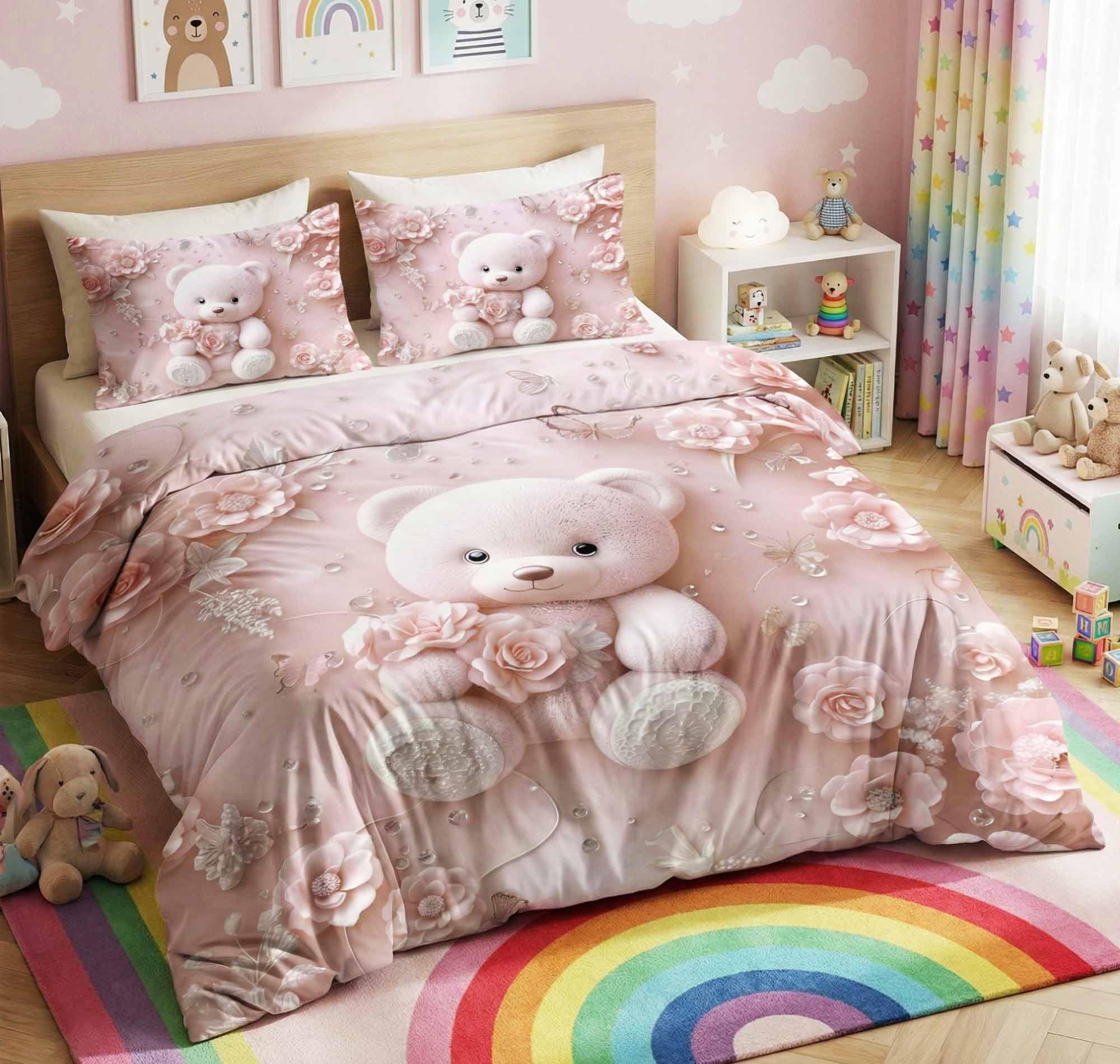 HOMEKART Kids Cloud Cotton Bedsheet Double Bed | 210 TC Cartoon Printed Bedding Set with 2 Pillow Covers 7D | Soft, Wrinkle-Free | 108 x 108 Inches (Cute Teddy Bear Floral)-image-32