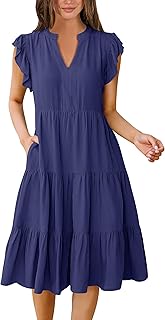 Womens Summer Dress Ruffle Sleeve V Neck Midi Dresses Fashion Casual Fit Flowy Tiered Boho Beach Vacation Sundress - Buy now