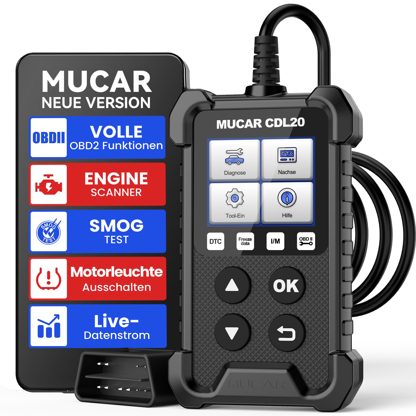 mucar OBD2 Diagnosegerät, CDL20 Diagnosegerät Auto Mit Vollständigen OBD2-Funktionen, Universal Auto Auslesegerät Für Motor, Motor Fehlercodeleser Auto Diagnosegerät Unterstützt OBDII/EOBD-Protokoll
