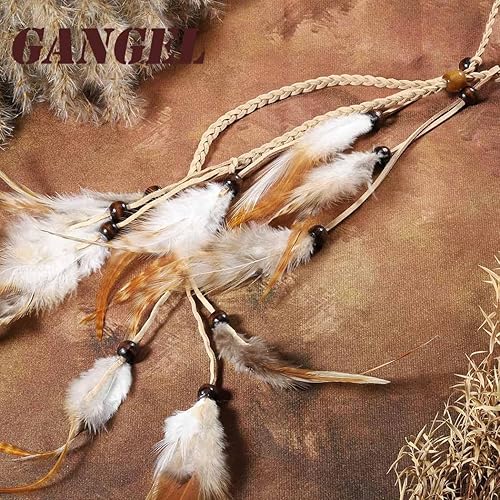 Miniatura 7 de Gangel Diadema de plumas hippie gitana india, tocado bohemio vintage con plumas blancas y marrones, cuerda de cáñamo larga con borla para festival