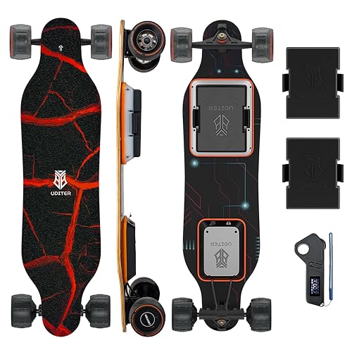 Uditer S3/Pixel Rider Electric Skateboards with Remote and Swappable Battery/Top Speed 28 Mph/2 * 600W Motors/12Miles/25Miles Max Range Electric Longboards for Adult&Beginner - S3 with 2 Batteries