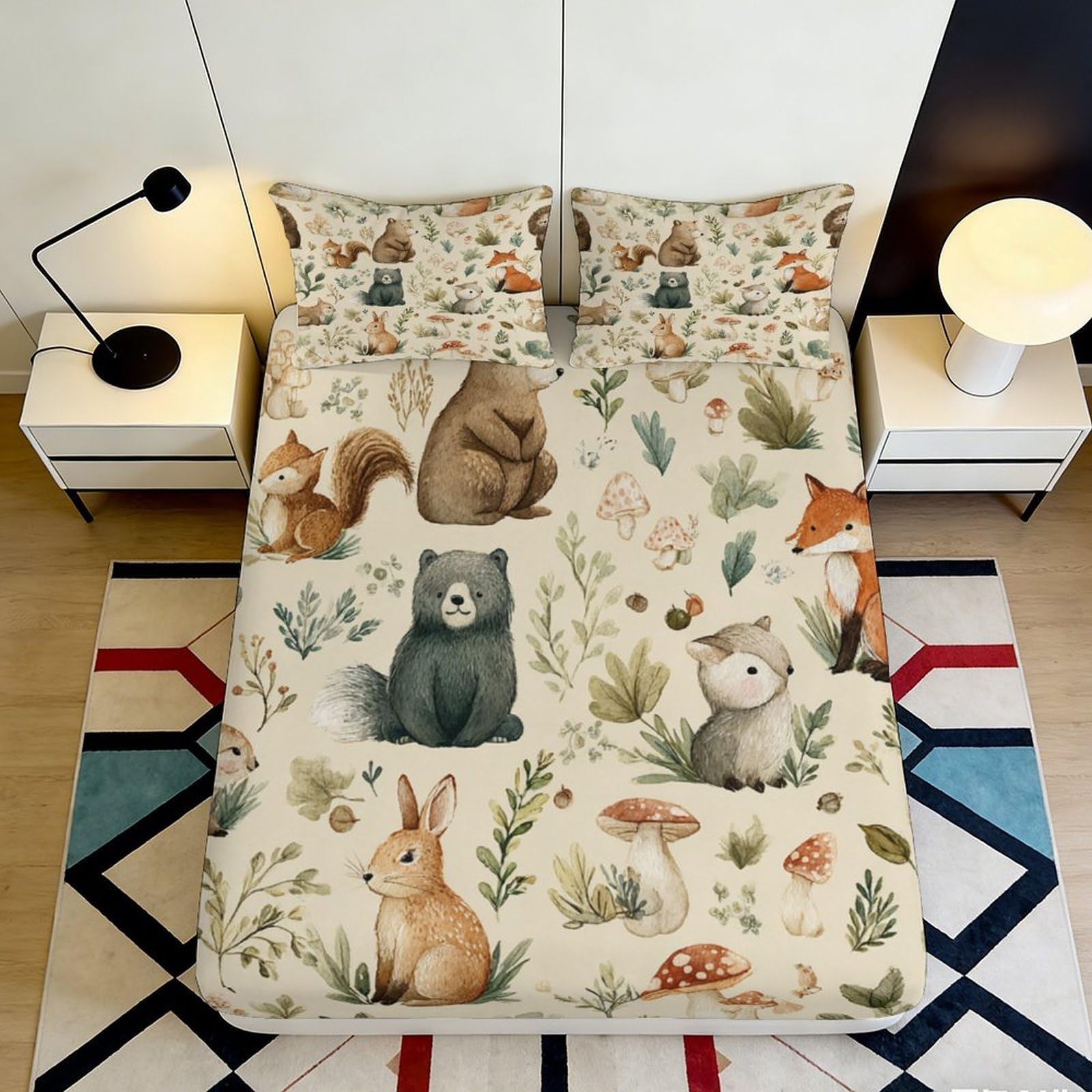 3D Printed Woodland Animals Fitted Sheet Microfiber Soft Breathable Forest Creatures Mattress Cover for Bedroom Dorm Protection Decor 180x200x25cm