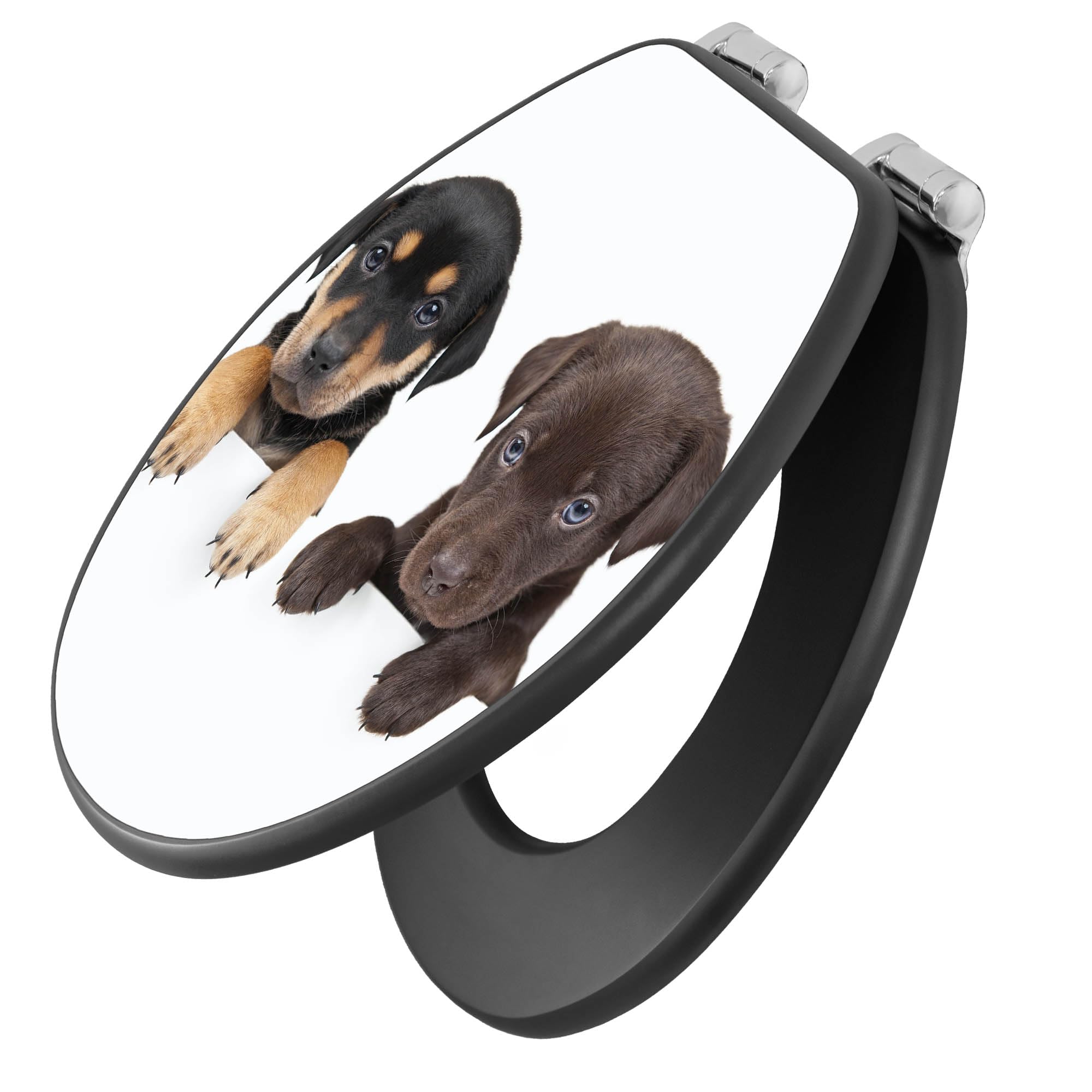 banjado WC Sitz Hunde - mit Absenkautomatik - 38 x 46,5cm O-Form - MDF Holz Toilettendeckel anthrazit - Klositz grau pflegeleicht für Badkomfort - Motiv Puppies