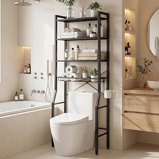 Alpen Over the Toilet Storage Cabinet, 4-Tier Freestanding Bathroom Shelves Organizer with 3 Hooks and Toilet Paper Holder, Metal Above Toilet Shelf for Restroom, Laundry, Black