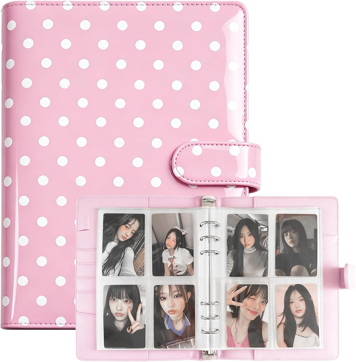 A5 Kpop Photocard Binder with 30 Pack 4-Pocket Card Pages 6 Ring Photocard Holder Book PU Leather Cover Collector for 2x3’’ Album Cards Trading Card (Pink)