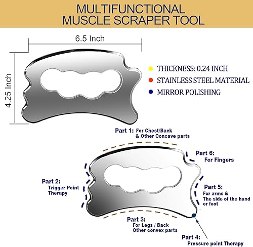 Miniatura 2 de Juego de herramientas de raspador muscular Gua Sha de acero inoxidable 6 en 1, herramienta de masaje de raspado, herramienta raspadora de masaje