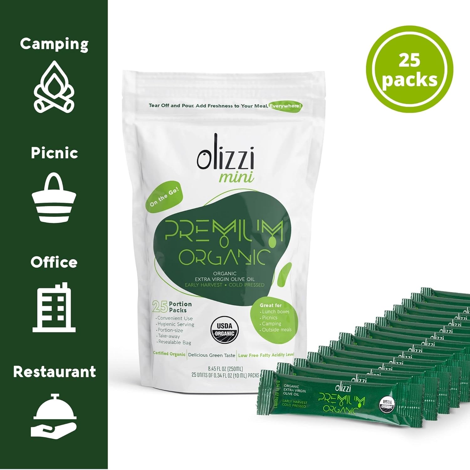 Olive Oil Packets - Olizzi Premium Organic Extra Virgin, New Harvest, Award Winning, Early Harvest, Cold Pressed, USDA Organic Certified, Single Serve, Mini, Salad Dressing To Go, Individual, Travel Size, 25 Single Use Packs (0.34 Fl Oz / Unit) - Image 2