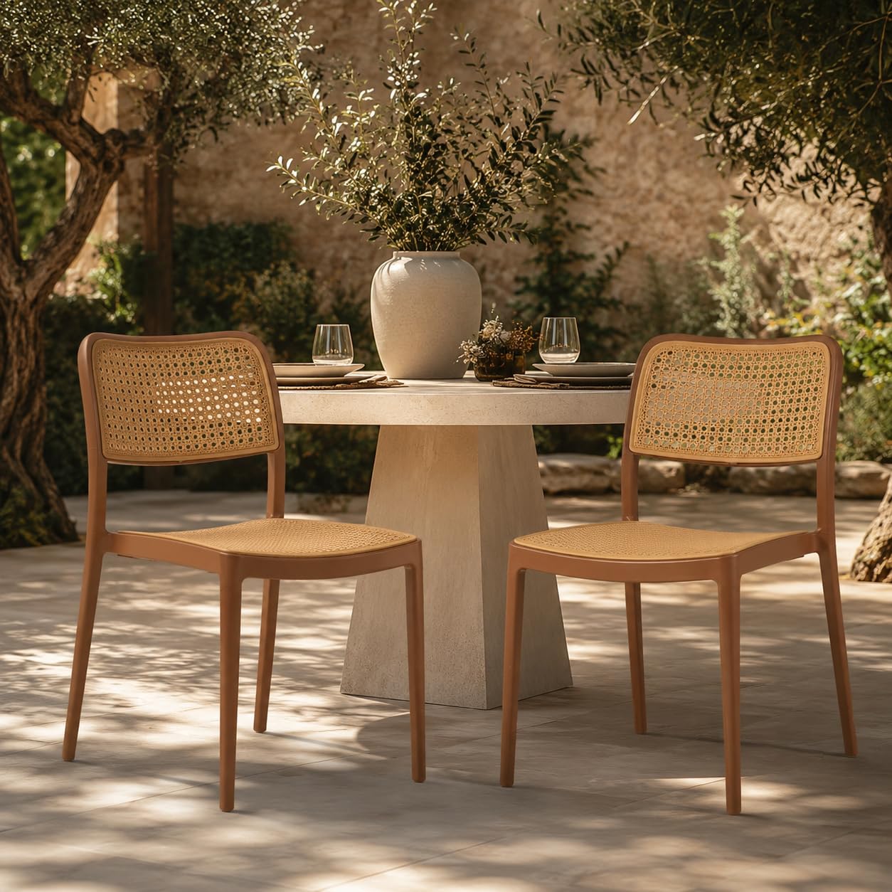 Mirra Brown Cafe Chairs Set of 2 | 120KG Load Capacity | 3 Year Manufacturing Defect Warranty | Premium PP Plastic Stackable Armless Chair | Dining, Living Room, Cafe, Hotel, Balcony-image-48
