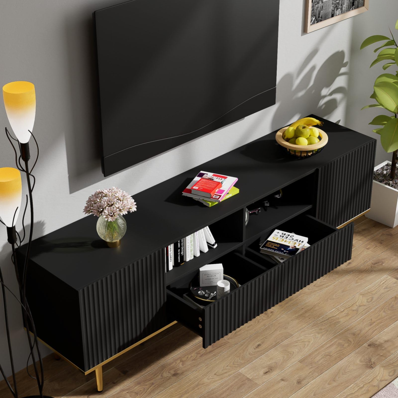 KOMHTOM Supporto per TV nero credenza TV mobile lowboard con cassetti e gambe dorate tv board per camera da letto soggiorno (nero+oro)