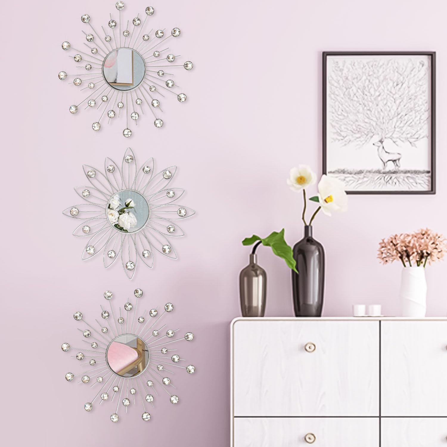 Uaussi 3 Pack Crystal Sunburst Wall Mirror Décor Rhinestone Mirrors Decorative Home Wall Art for Living Room Bedroom Entryway(Flower+Sunburst Silver)