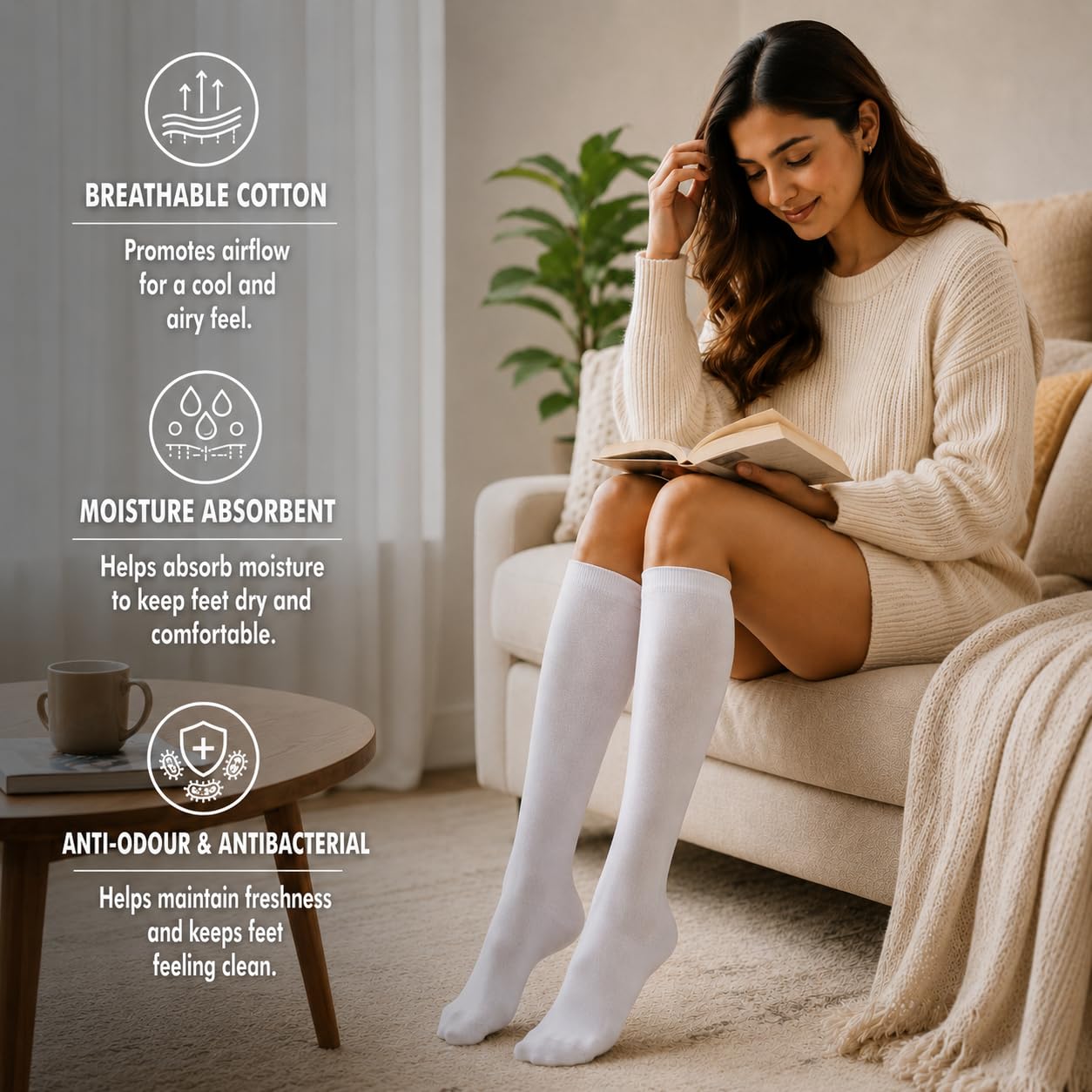 Supersox Knee High Length Cotton Socks for Women | Breathable & Moisture Absorbent | Anti-Odour & Antibacterial | Comfortable Stockings for Daily Wear | White, Beige, Black | Free Size | Pack of 3 1