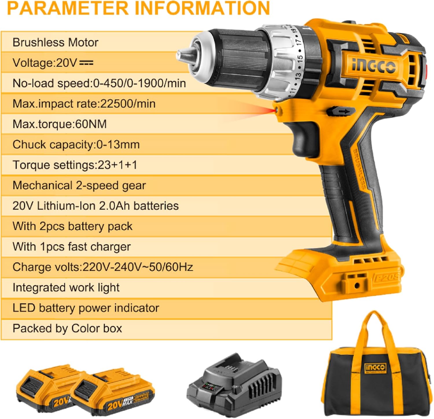 Image displaying the parameter information and specifications of the INGCO Brushless Impact Drill