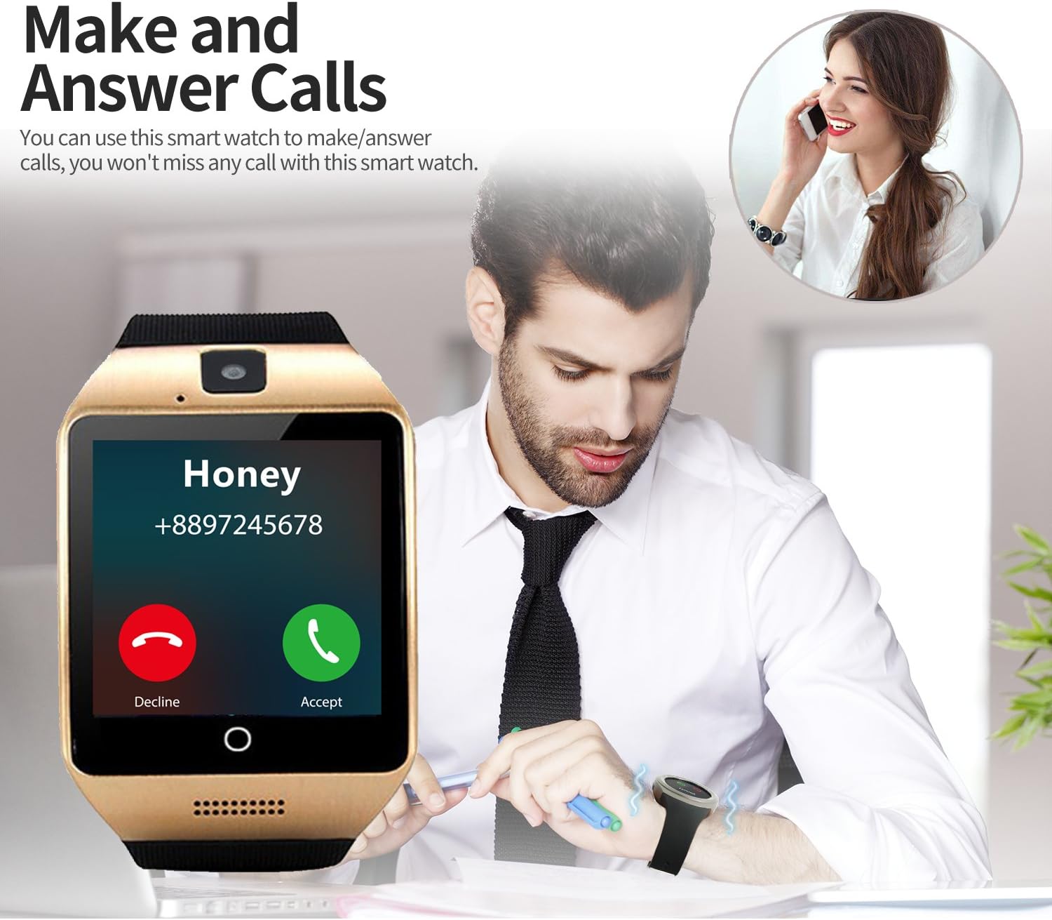 Smart Watches SN06 Bluetooth Smart watch with SIM Card Slot Camera Fitness Tracker Pedometer Sports Wrist Watch for Men Women Kids Compatible with Samsung Huawei Xiaomi Android Phone iPhone (Gold)