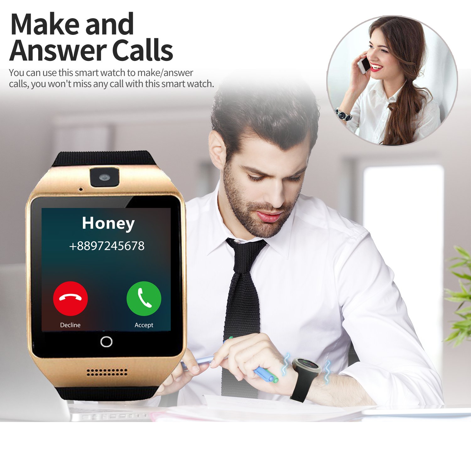 Smart Watches SN06 Bluetooth Smart watch with SIM Card Slot Camera Fitness Tracker Pedometer Sports Wrist Watch for Men Women Kids Compatible with Samsung Huawei Xiaomi Android Phone iPhone (Gold)