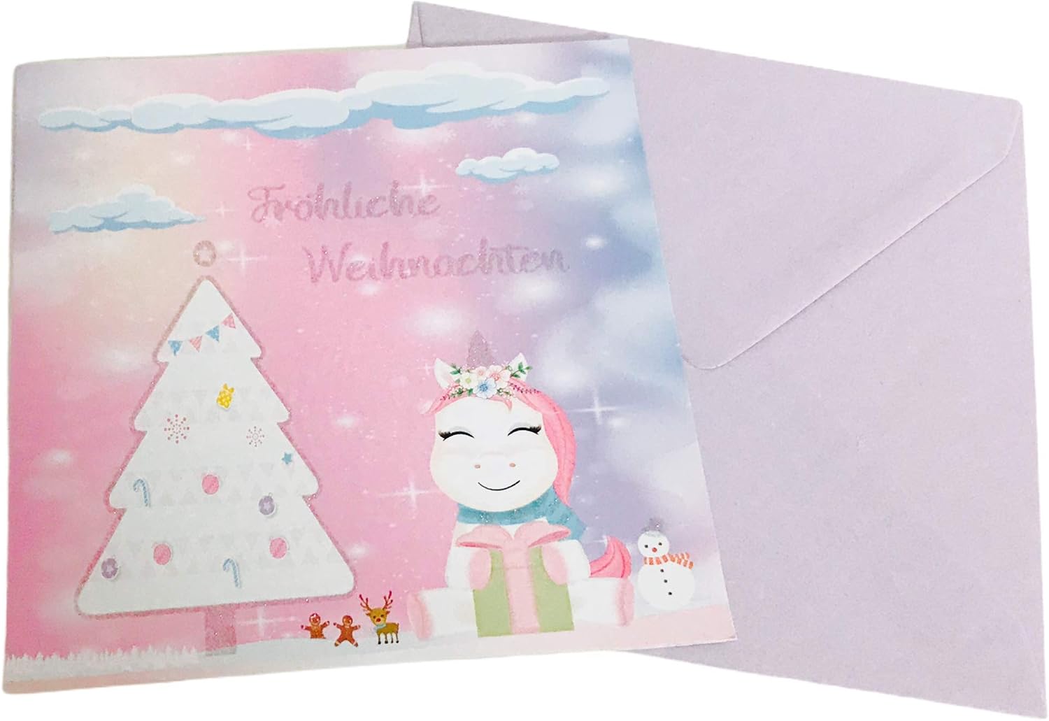 TryPinky® Unicorn Women Girls Gingerbread Man Rainbow Glitter Christmas Cards with Envelope Set including Purple Shiny Envelopes - Image 4
