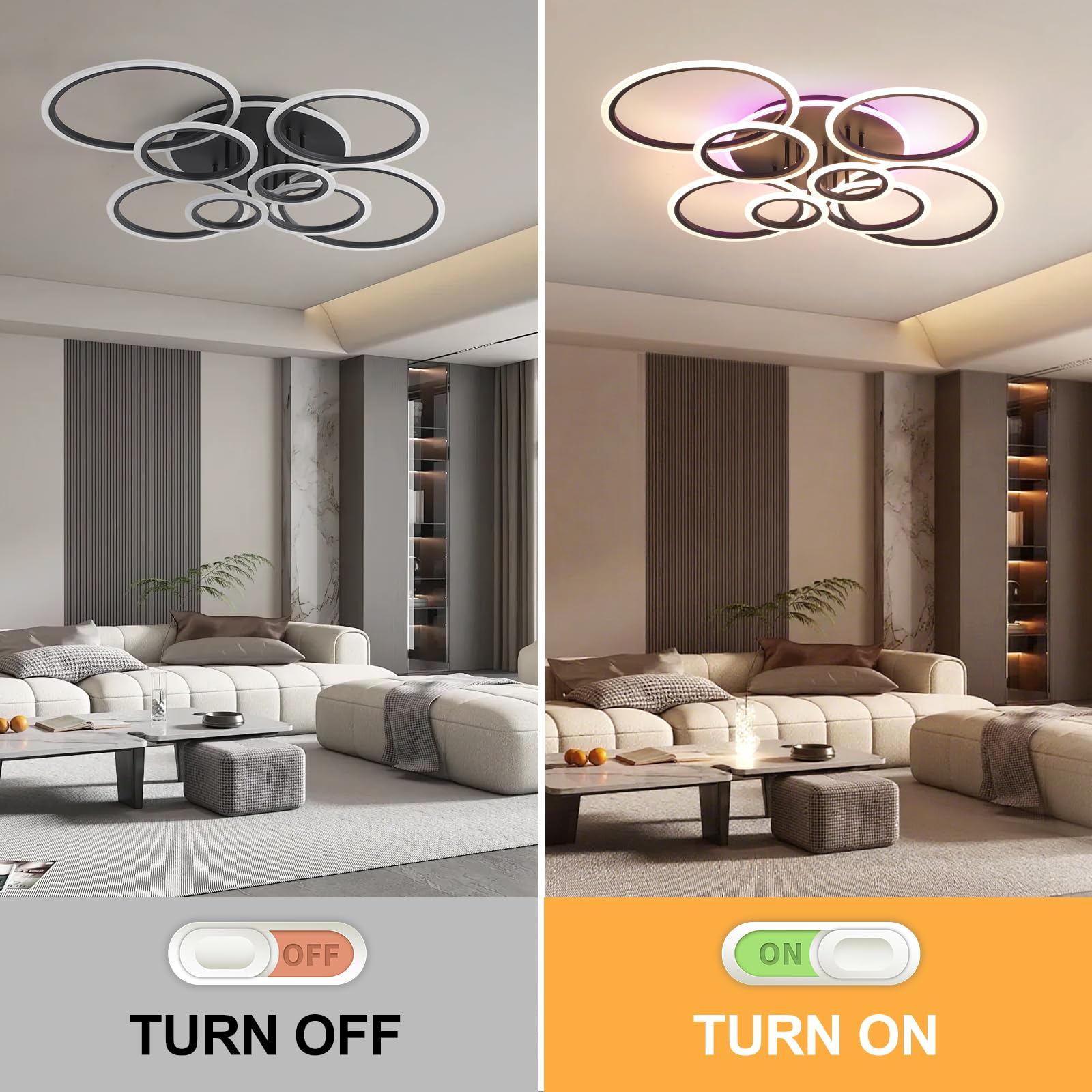 LED Deckenleuchte Schwarz 80W,8-Ringe Deckenlampe Dimmbar | 3000-6000K Moderne Wohnzimmer Deckenleuchte mit Fernbedienung und Memory Funktion,105×85cm für Schlafzimmer Küche Flur