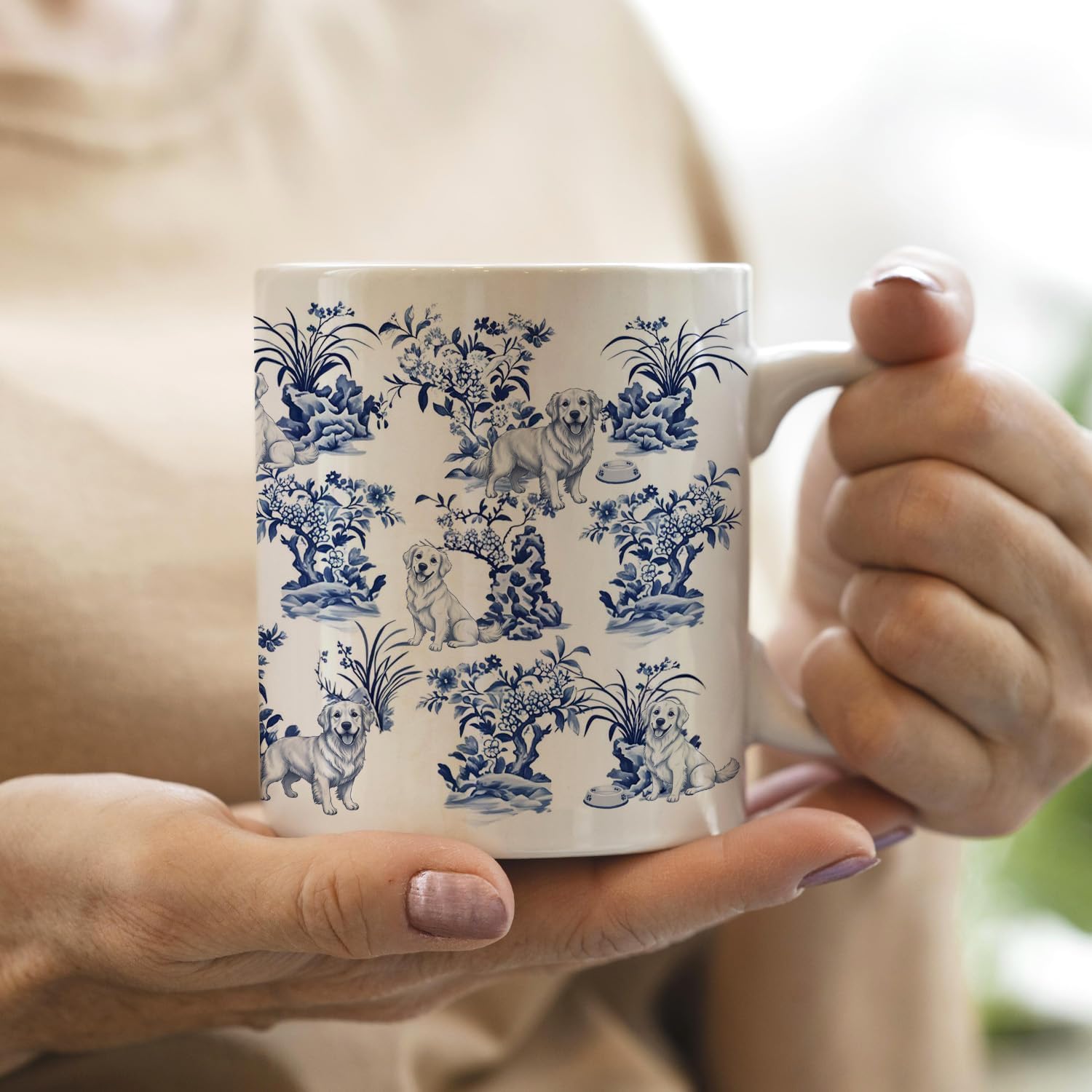 IWXYI Chinoiserie Golden Retriever Dog Mug, Gifts for Golden Retriever Lovers Coffee Mug, Dog Mom Dad Gifts, Blue and White Toile Dogs Ceramic Coffee Cup 11 oz - Image 3