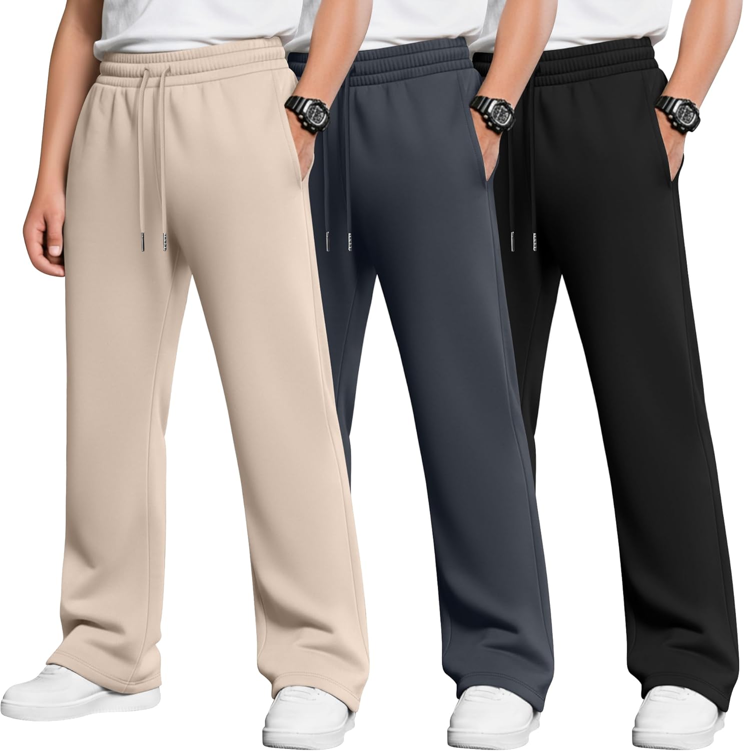 YooAurvox 3 Pack Boys Baggy Sweatpants Casual Pants 5-14 Years Straight Leg Open Bottom Athletic Kids Joggers with Pockets
