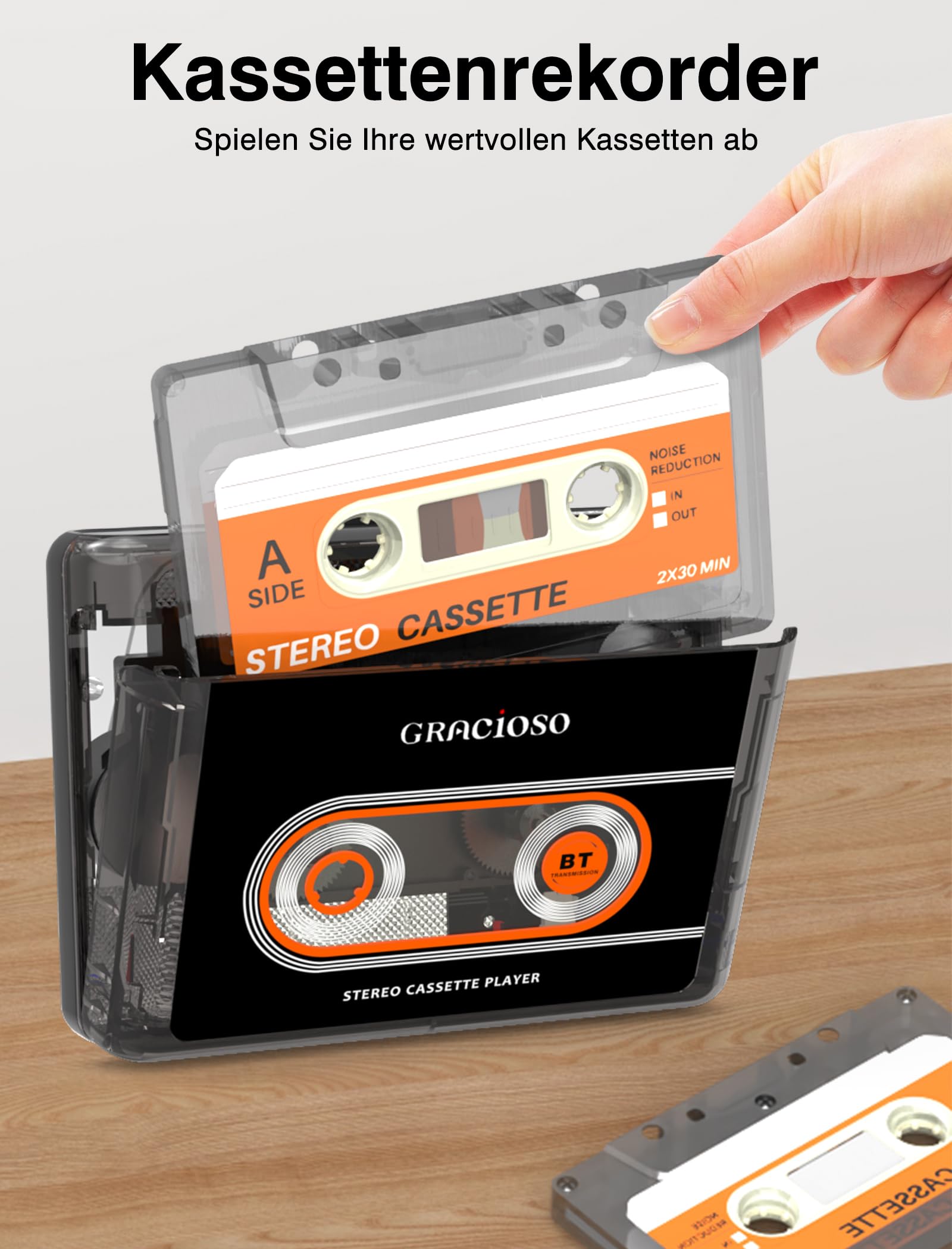 Gracioso Kassettenband, Bluetooth-Kassettenspieler mit 1100 mAh wiederaufladbarem Akku, kompakter Vintage-Kassettenspieler mit 3.5mm Kopfhörer, Mini-Kassettenrekorder mit Clip (Schwarz)