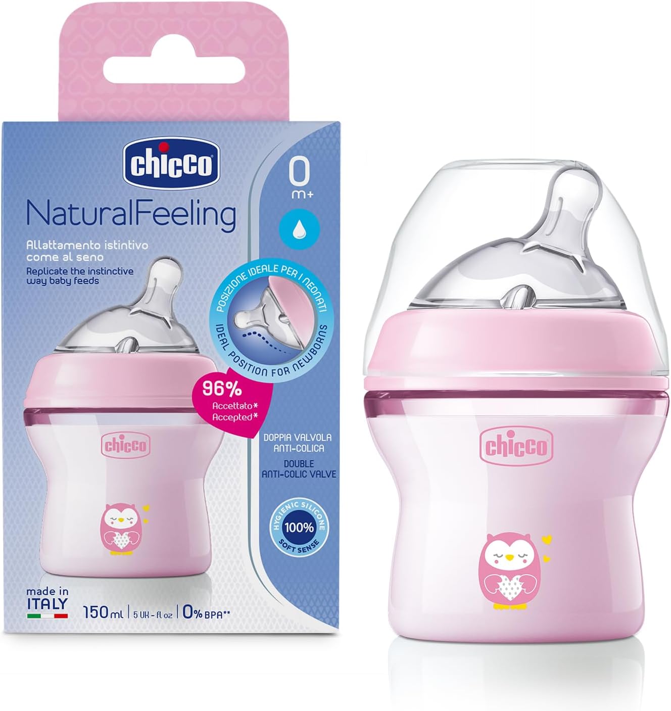 Chicco Natural Feeling PP Feeding Bottle 150ml (Pink) I Double Anti-Colic Valve I Breast Like Latch I Soft Silicone I Food Grade I BPA Free I Wide Neck I New Born | Slow Flow | 0+ Months