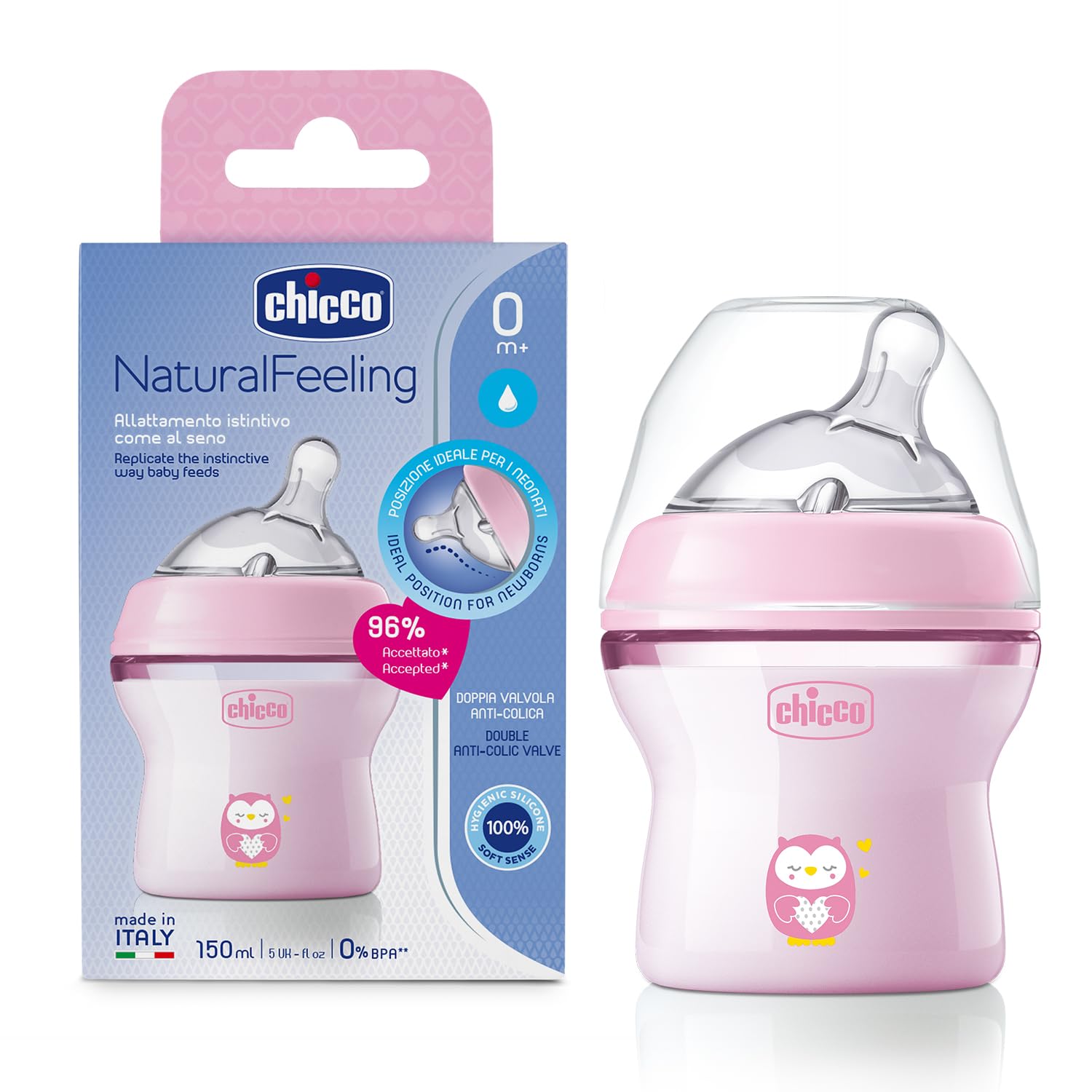 Chicco Natural Feeling Feeding Bottle for Babies, 150ml (0+ Months)|Mother Breast Like teats| Soft Silicon, Anti-Colic Teat | Angled Teat Suitable for Newborns | with Anti-Drip Cap | BPA Free (Pink)-picture-16
