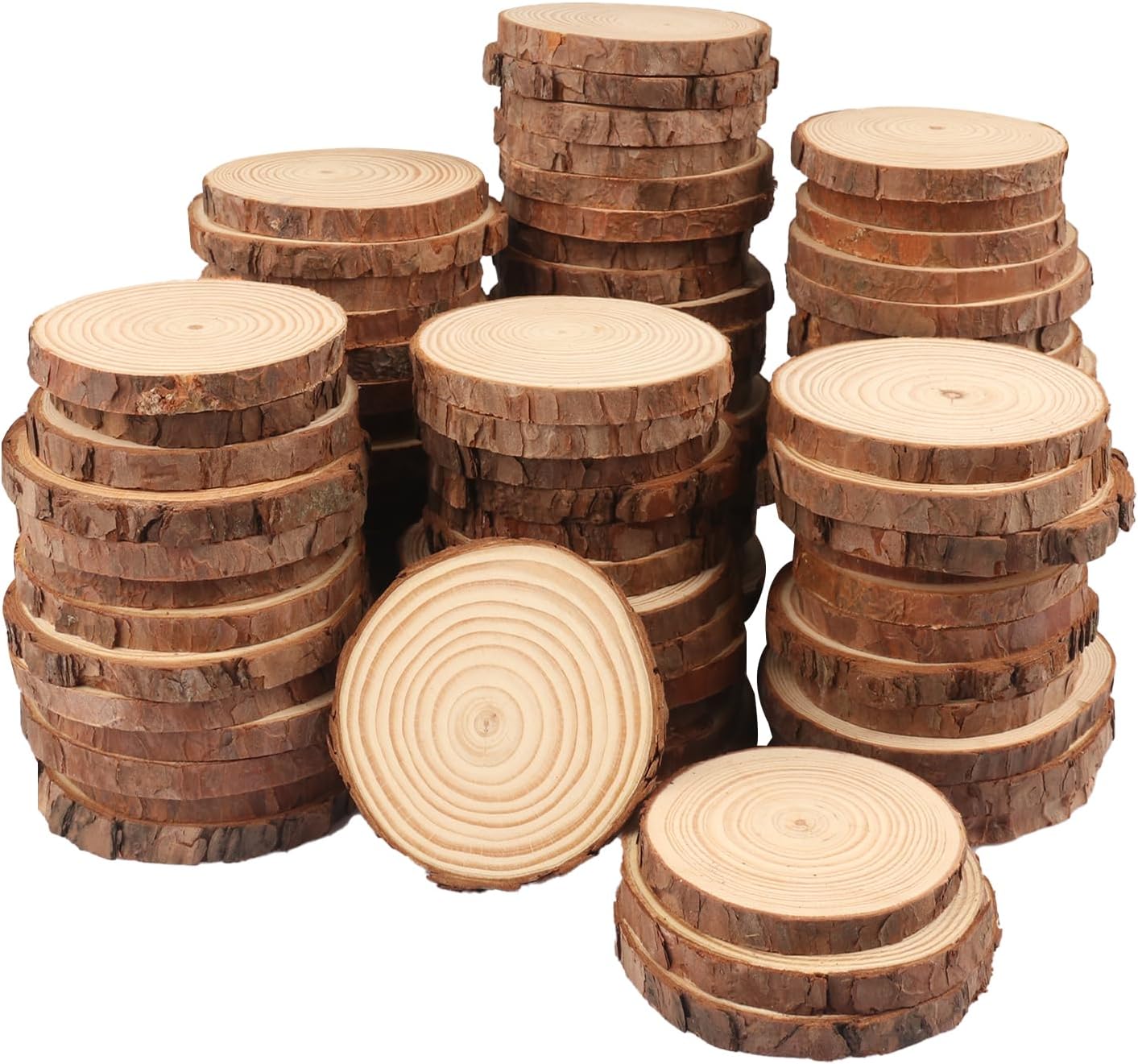GNIEMCKIN 100 PCS 3-4 Inch Natural Wood Slices, Unfinished Pine Wood Circles with Barks for Coasters, DIY Crafts, Christmas Rustic Wedding Ornaments and Centerpieces