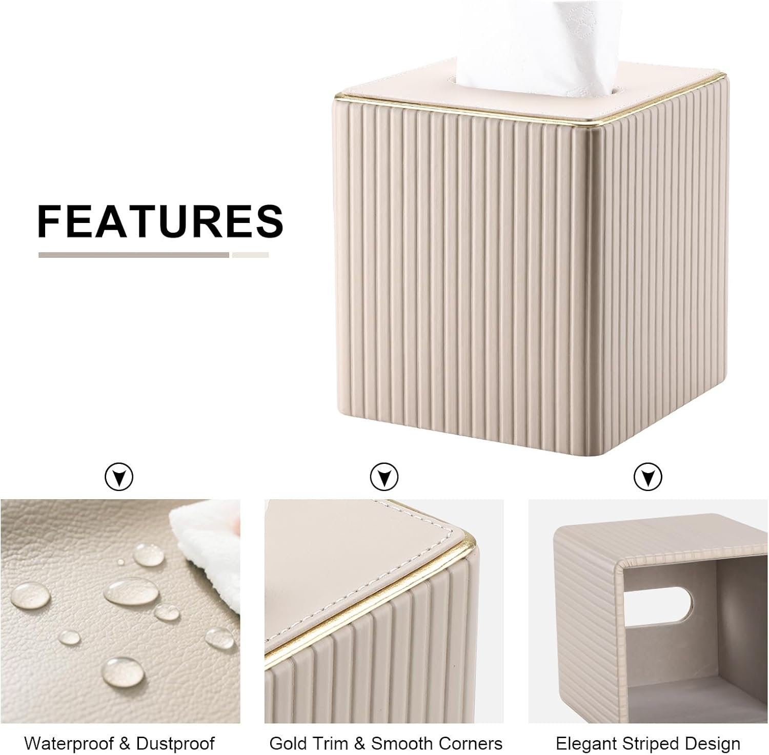 KINGFOM Square Tissue Box Cover, PU Leather Tissue Box Holder for Kleenexs with Magnetic Bottom Cover for Facial Tissues/Napkins, Office & Living Room Decor Box Beige image 4