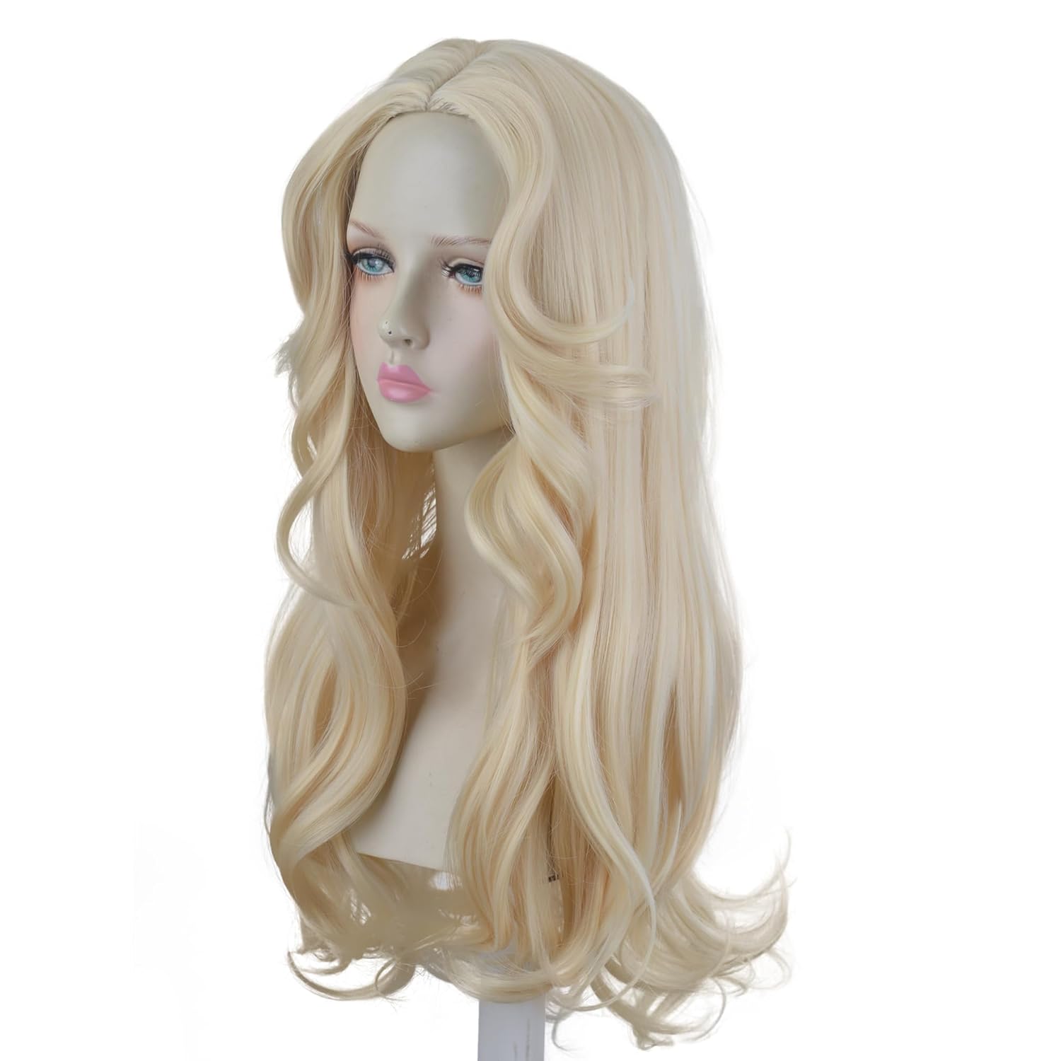 Blonde Wigs for Women, Long Wavy Blond Hair Middle Part Platinum Blonde Synthetic Wigs with Neckerchief for Cosplay Halloween Costume Party Daily