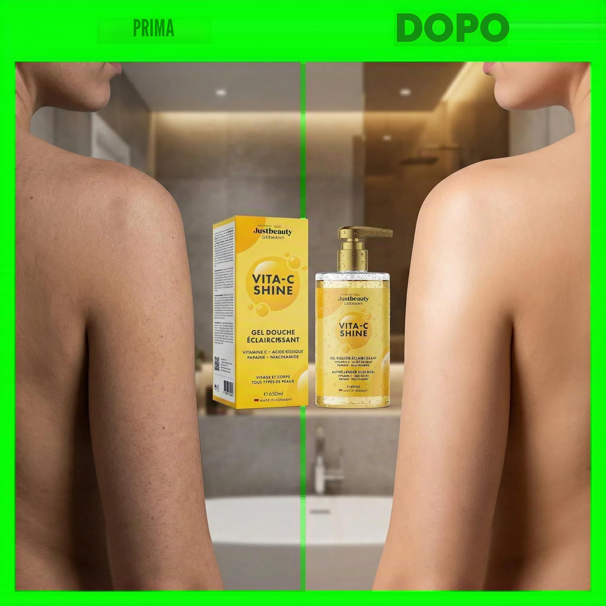 Gel doccia sbiancante Vita C Shine, 620 ml, extra forte con vitamina C, niacinamide, acido kojico e acido ialuronico, idratante e carnagione