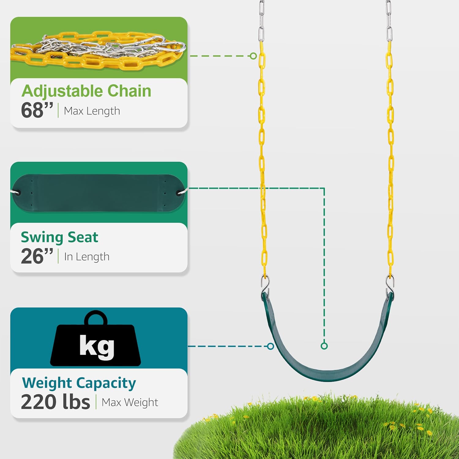 Sorbus Heavy Duty Swing Seat Green Color with 66” Rust-Resistant Chain - Playground Swing Set Accessories Replacement with Snap Hooks Support 250lb for Kids Outdoor Play