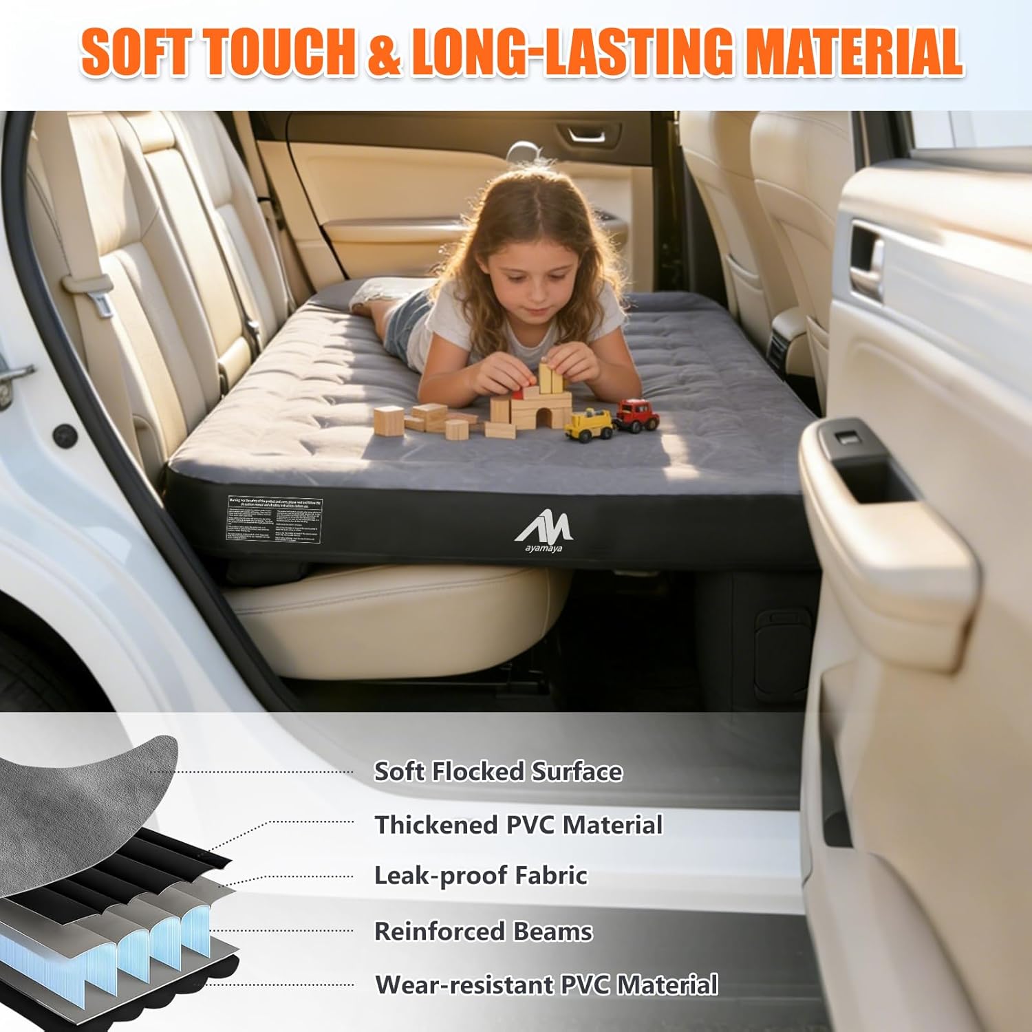 AYAMAYA Car Air Mattress Back Seat, Inflatable Car Bed with Built-in Cordless Rechargeable Air Pump for SUV, Sedan, All-in-One Car Mattress with Pillow & Support Column for Camping, Road Trip, Travel