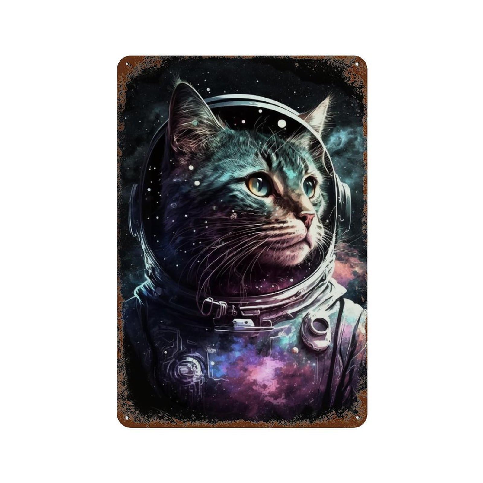Cosmic Cat Astronaut Art Print-10 Distressed Metal Wall Sign 11.8"x7.9", for Garage, Bar And Workshop Decor, Decorative Metal Wall Art