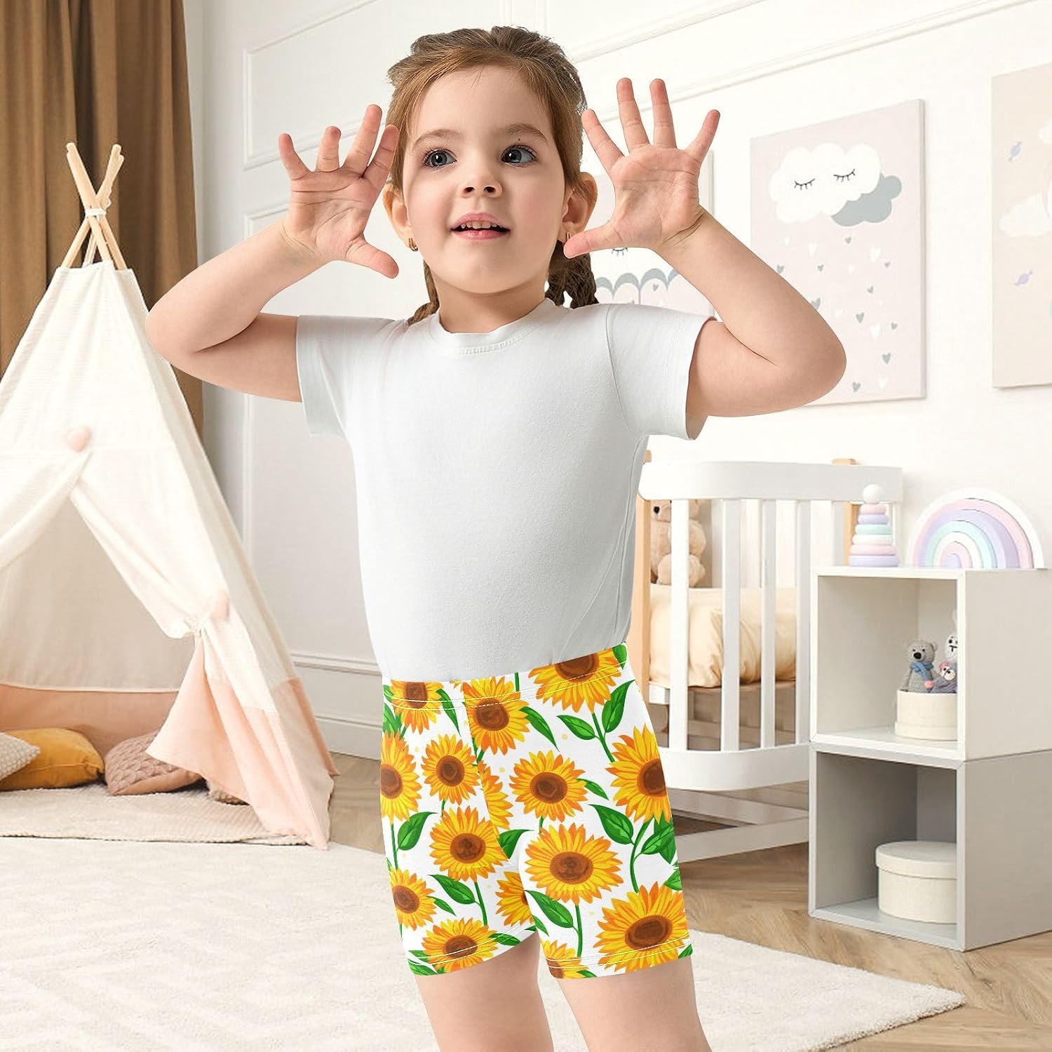 Sunflower Leaves Floral White Girls Bike Shorts Toddler Soft Cotton Active Under Dress Shorts