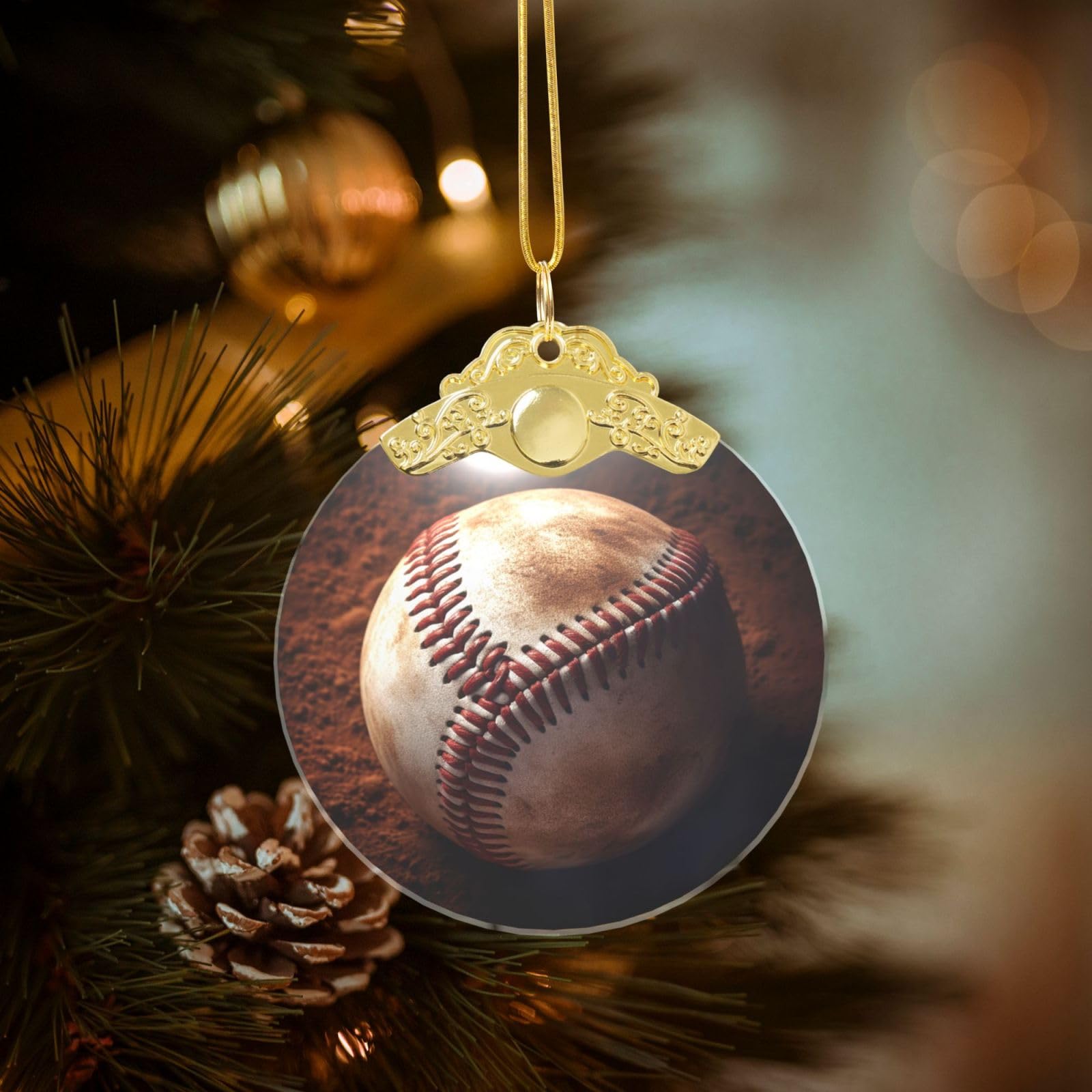 Crystal Christmas Ornaments for Christmas Tree Decoration Hanging Baseball Ornament with Gold Ribbon Crafts Round Pendant for Keepsake Gifts Glass Xmas Decor Party Supplies